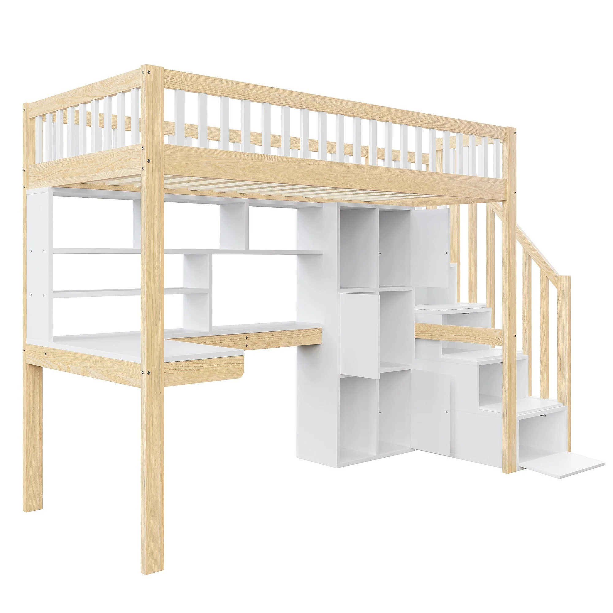 Loft Bed with LED Lights, Desk, Shelves and Storage Ladder, 90x200cm, White and Natural Wood - Image 7