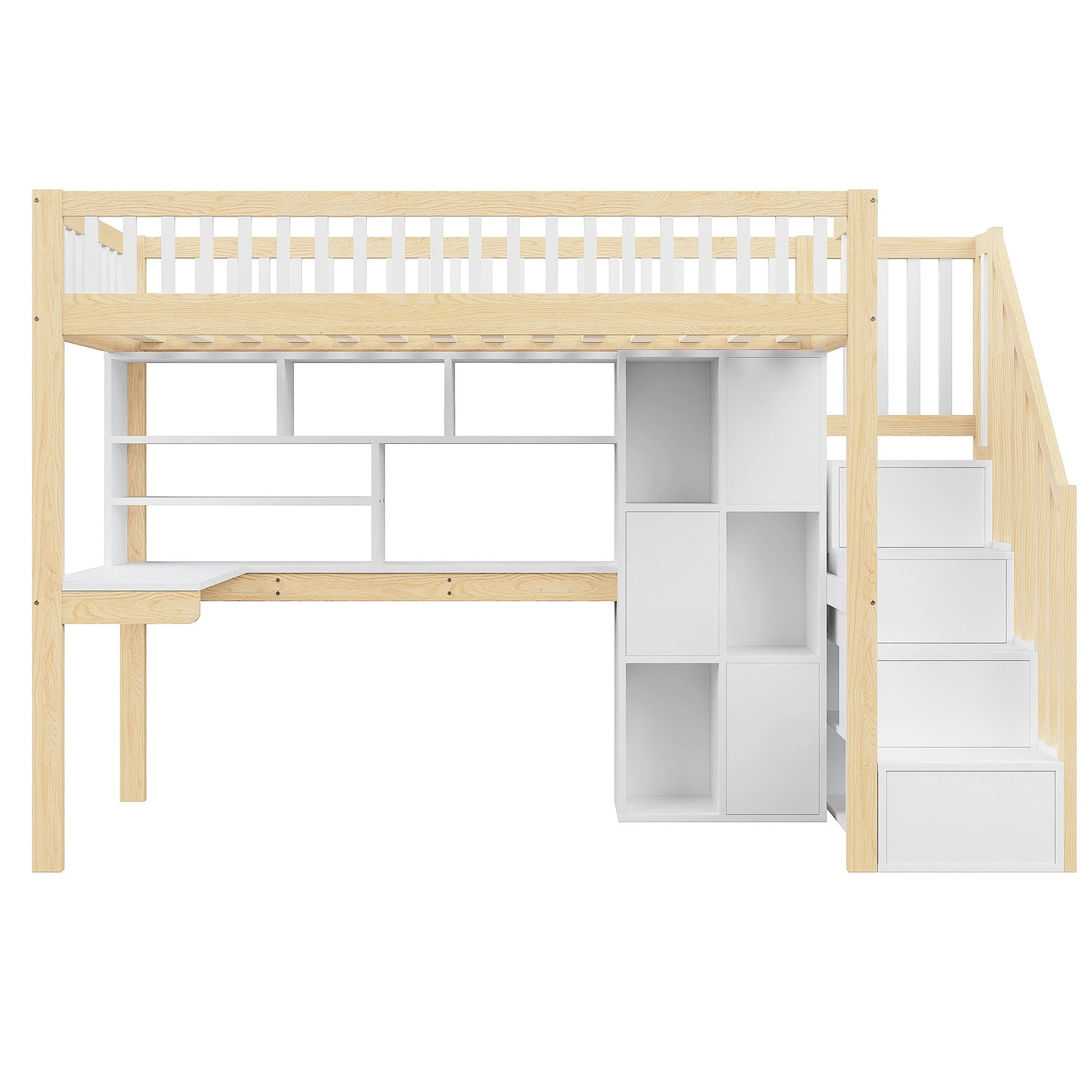Loft Bed with LED Lights, Desk, Shelves and Storage Ladder, 90x200cm, White and Natural Wood - Image 9