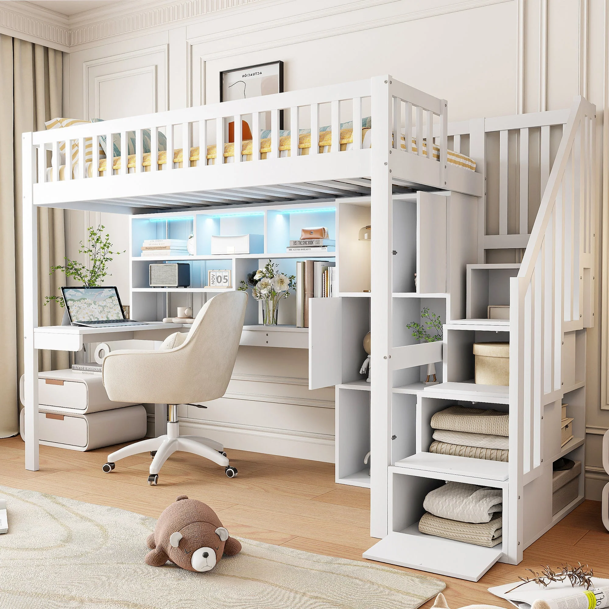 Loft Bed with LED Lights, Desk, Shelves and Storage Ladder, White Pine Wood and MDF