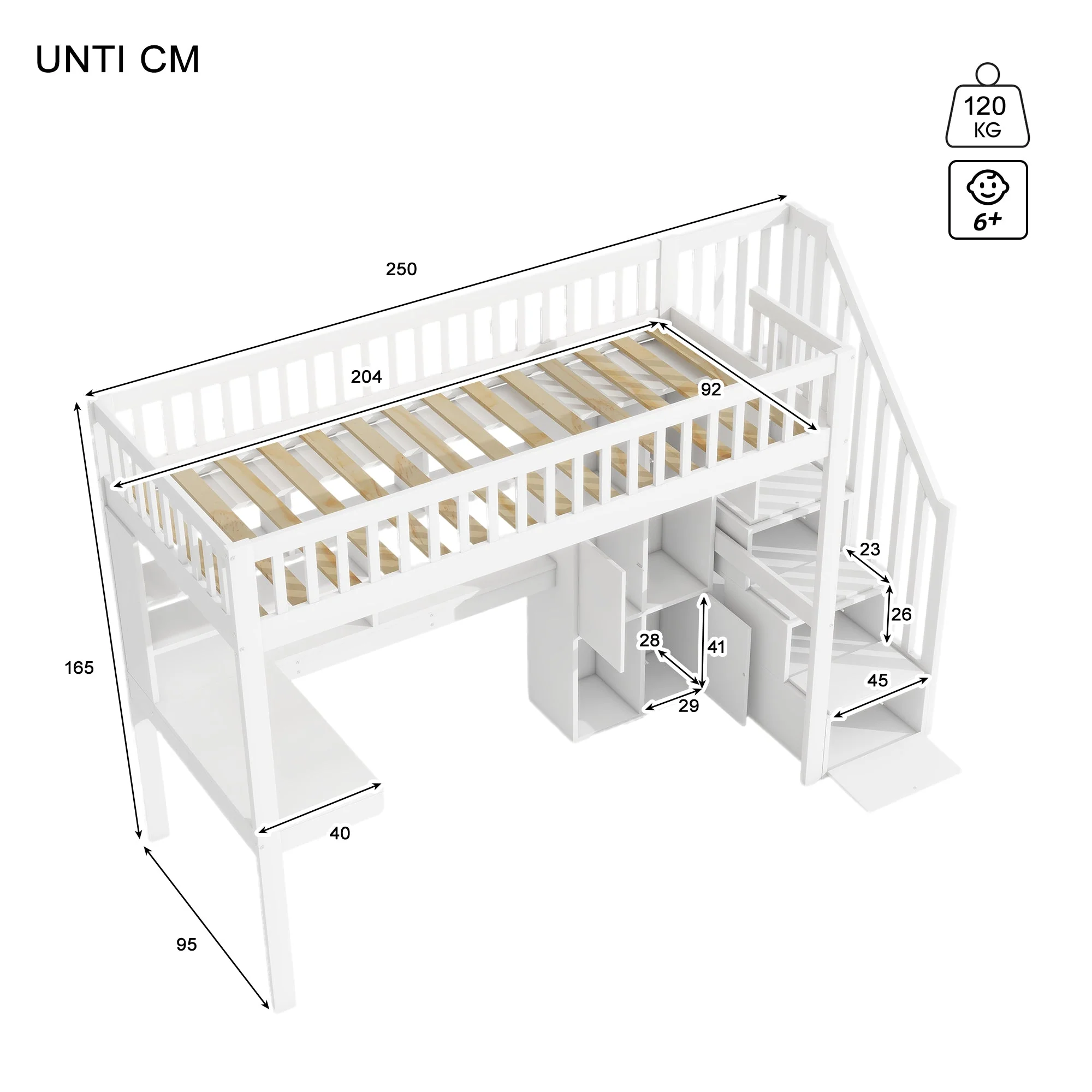 Loft Bed with LED Lights, Desk, Shelves and Storage Ladder, White Pine Wood and MDF - Image 10