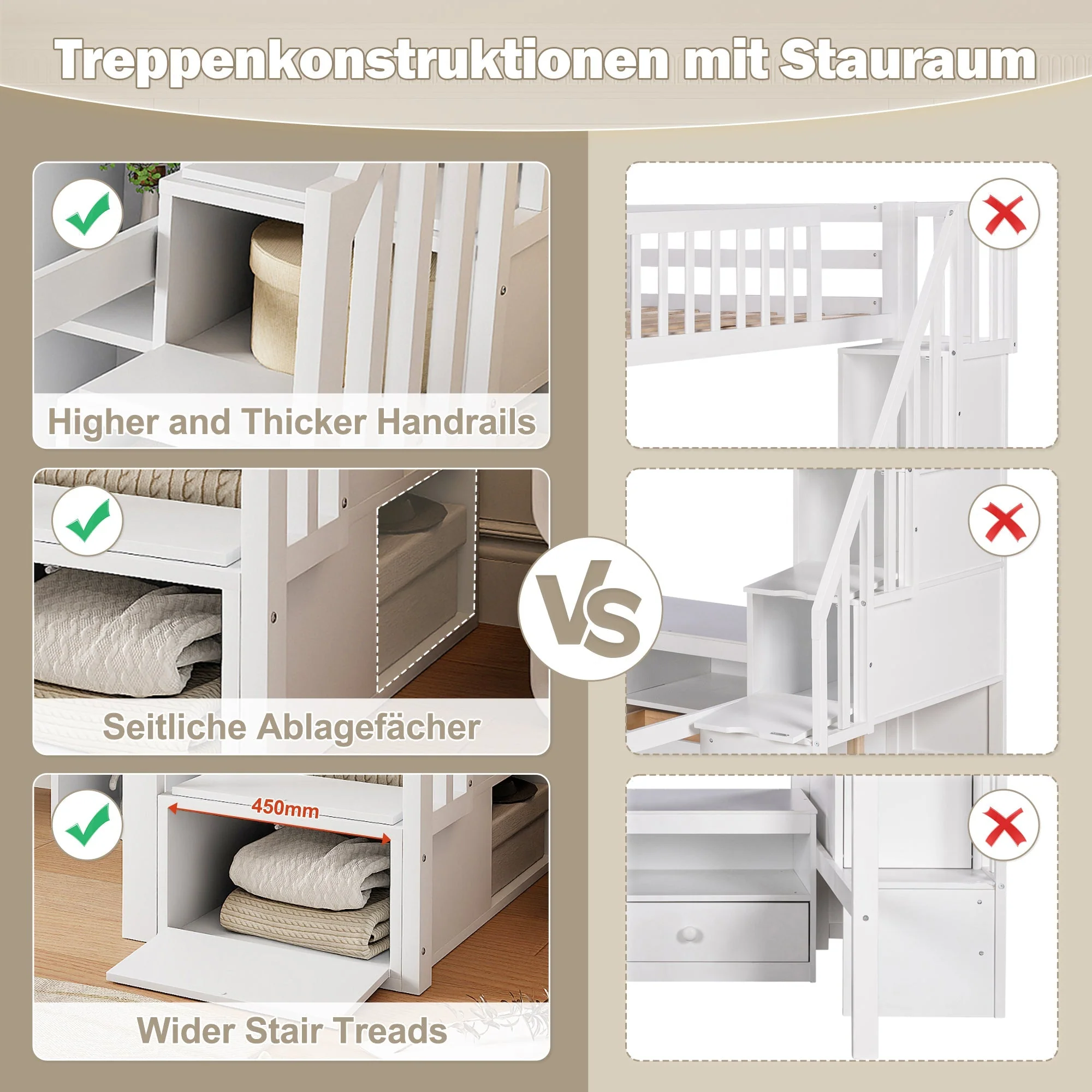 Loft Bed with LED Lights, Desk, Shelves and Storage Ladder, White Pine Wood and MDF - Image 4
