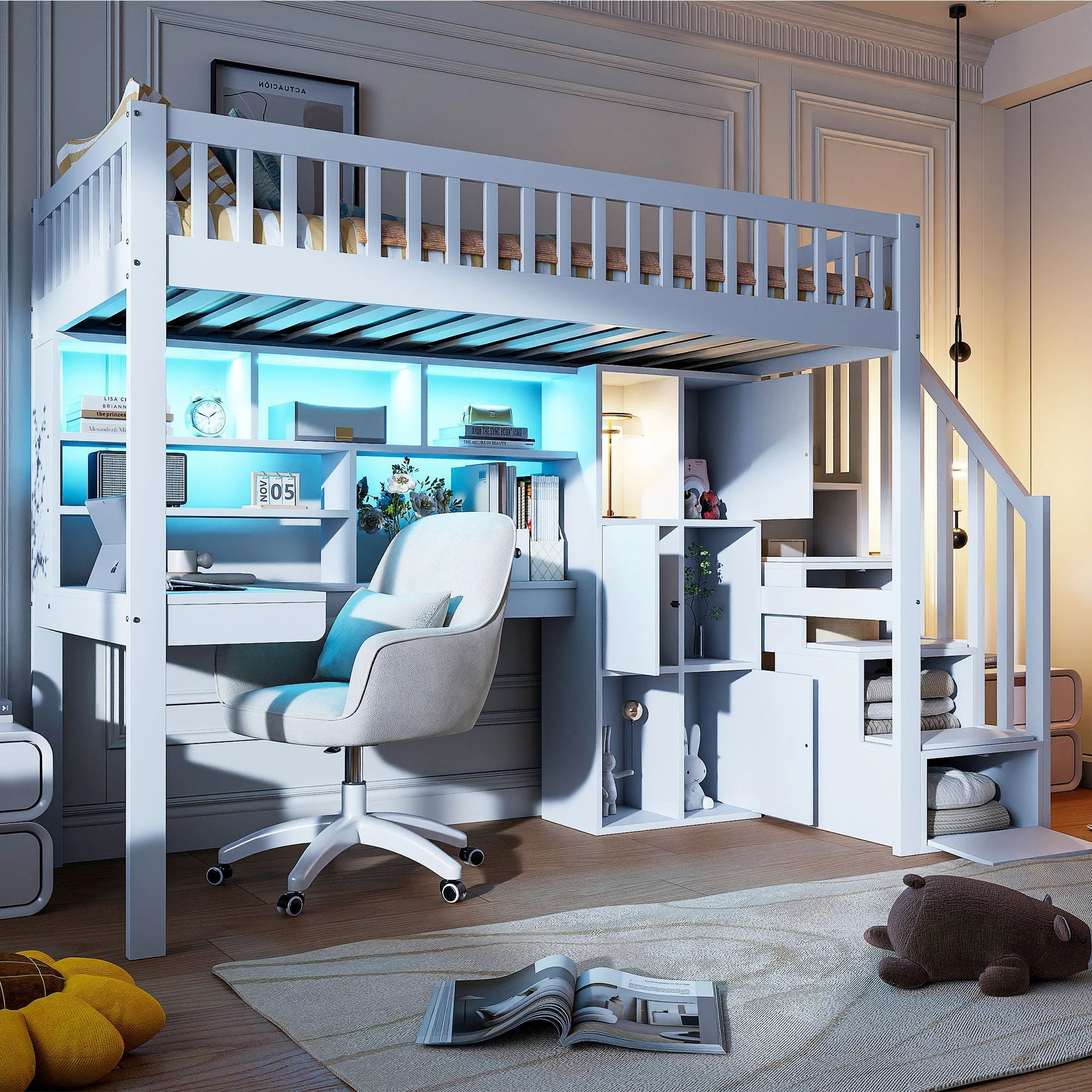 Loft Bed with LED Lights, Desk, Shelves and Storage Ladder, White Pine Wood and MDF - Image 5