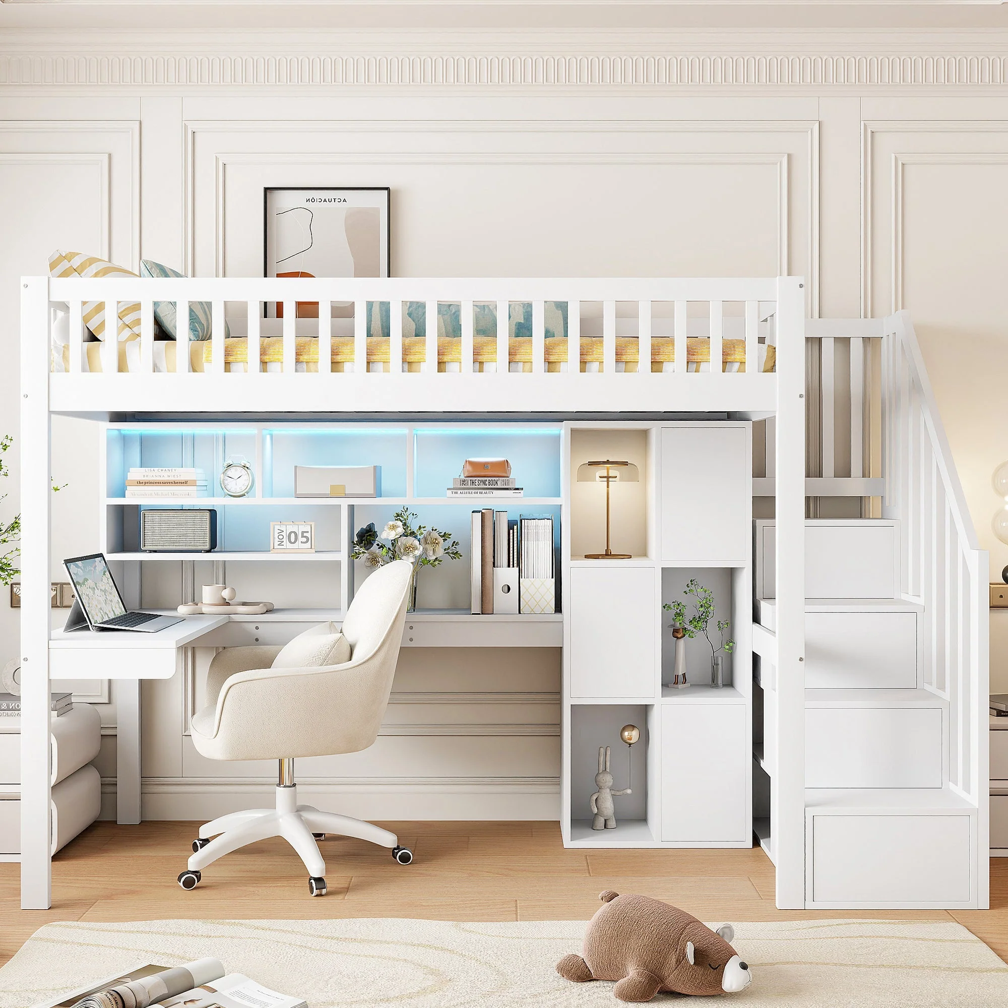 Loft Bed with LED Lights, Desk, Shelves and Storage Ladder, White Pine Wood and MDF - Image 6