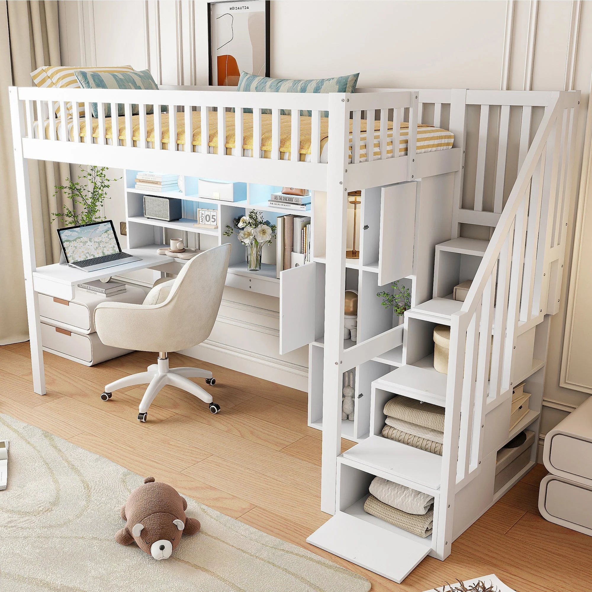 Loft Bed with LED Lights, Desk, Shelves and Storage Ladder, White Pine Wood and MDF - Image 7
