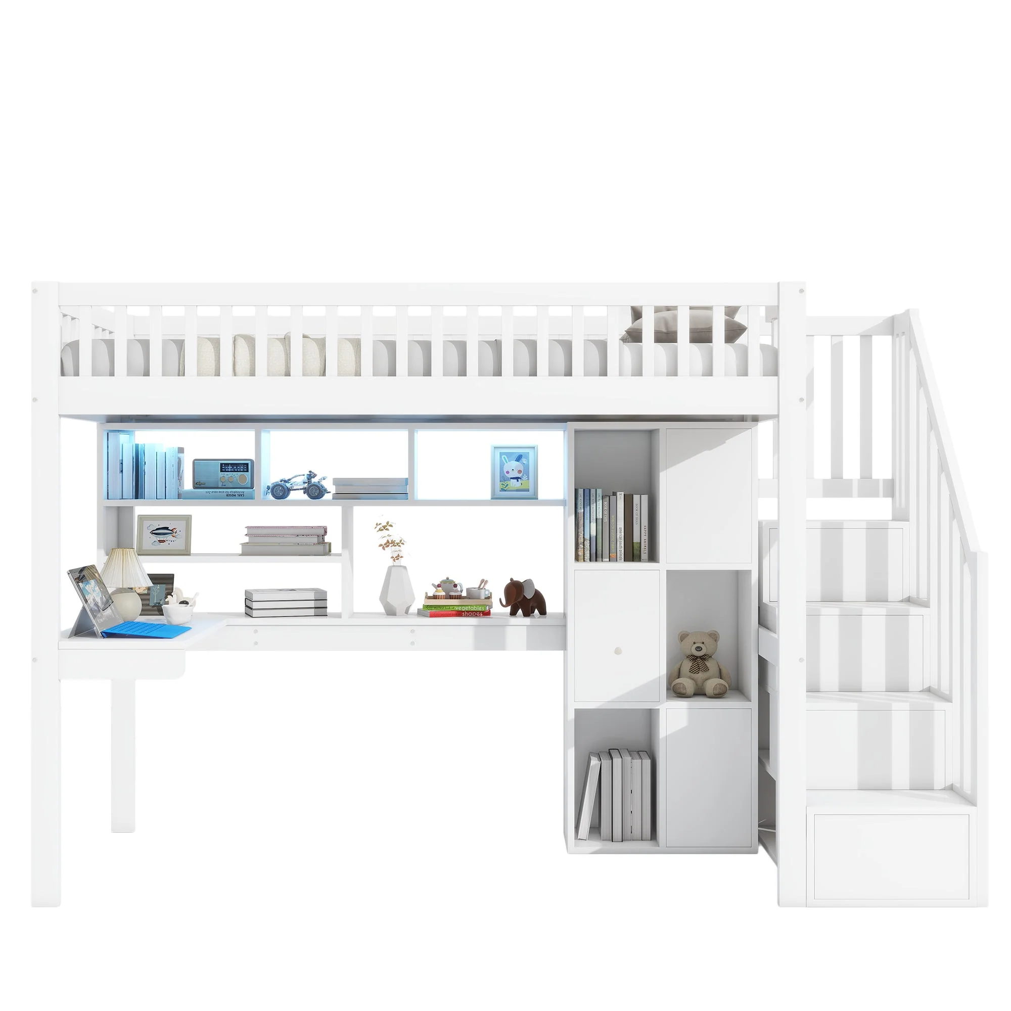 Loft Bed with LED Lights, Desk, Shelves and Storage Ladder, White Pine Wood and MDF - Image 8