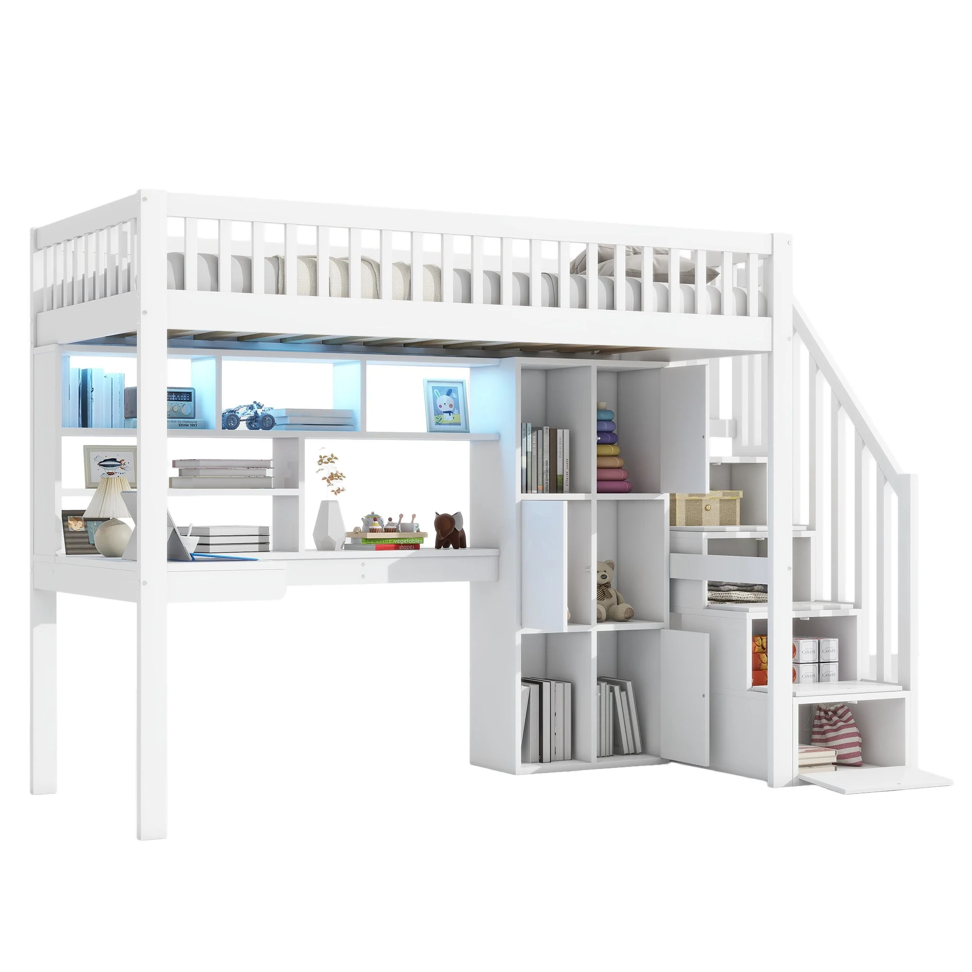 Loft Bed with LED Lights, Desk, Shelves and Storage Ladder, White Pine Wood and MDF - Image 9