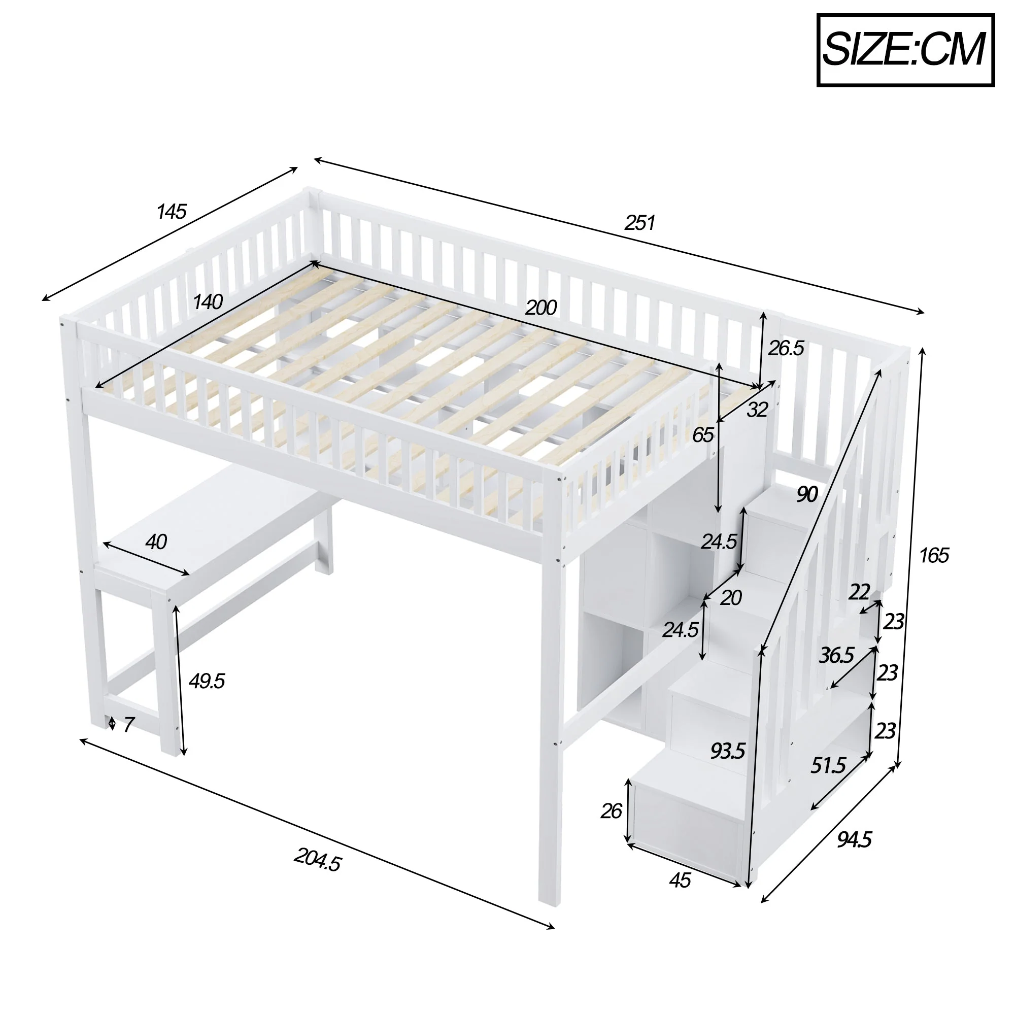 Loft Bed with LED Lights, Storage Ladder, Shelves and Desk, 140x200cm, White - Image 5