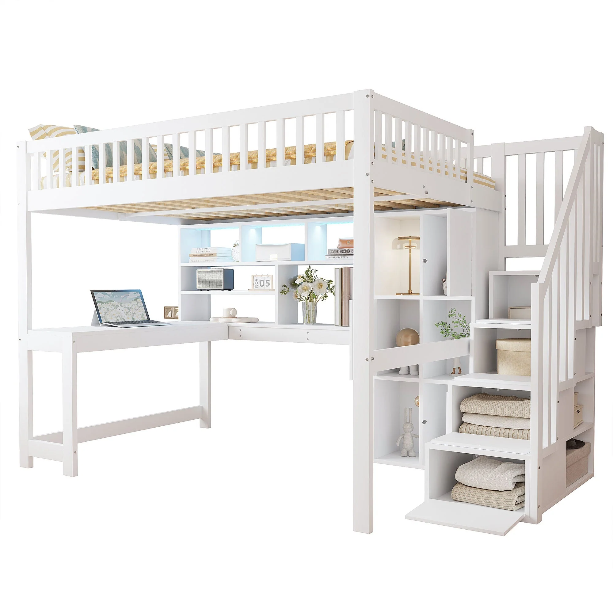 Loft Bed with LED Lights, Storage Ladder, Shelves and Desk, 140x200cm, White - Image 8