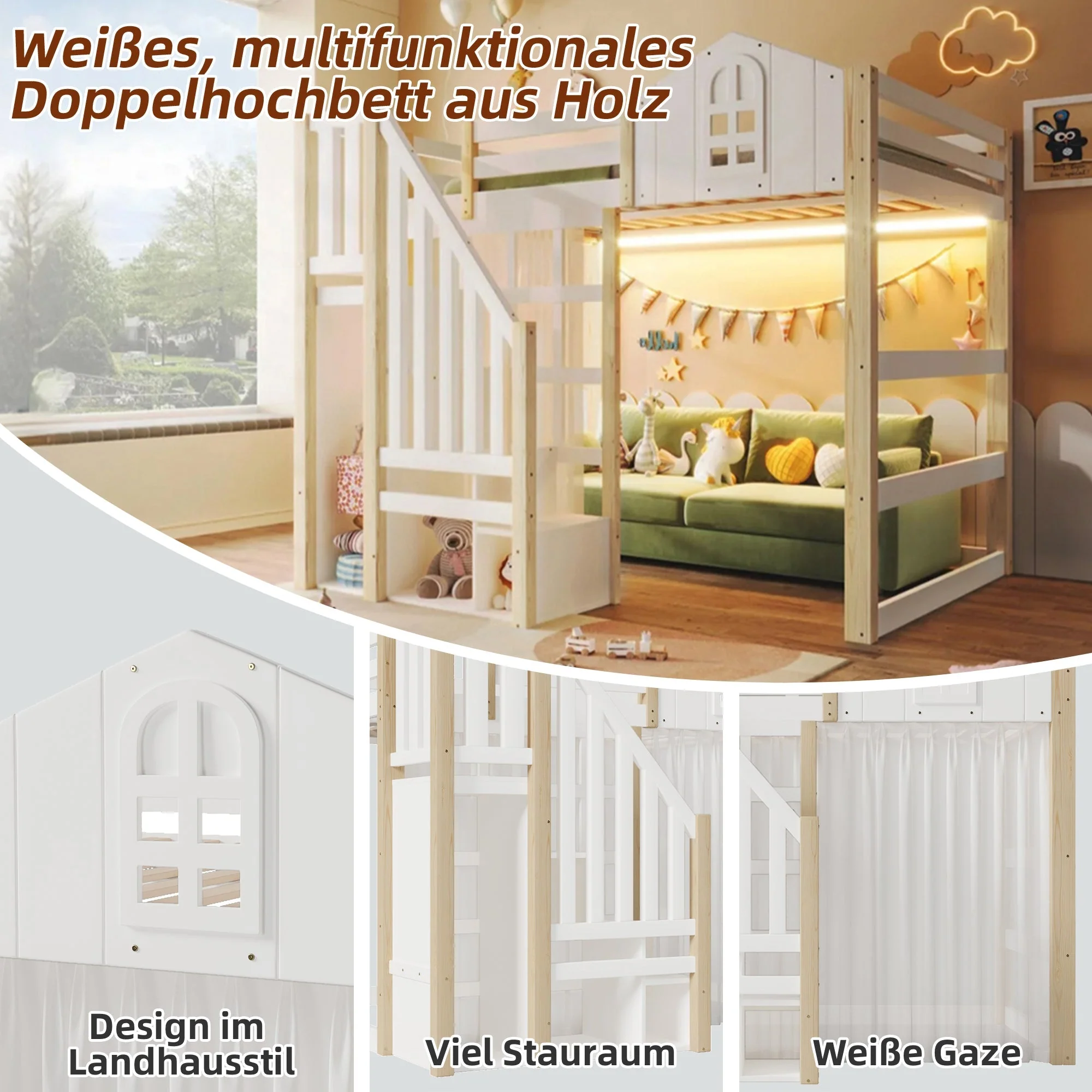 Loft Bed with LED Lights, Window Design and Storage Ladder, White and Natural - Image 5