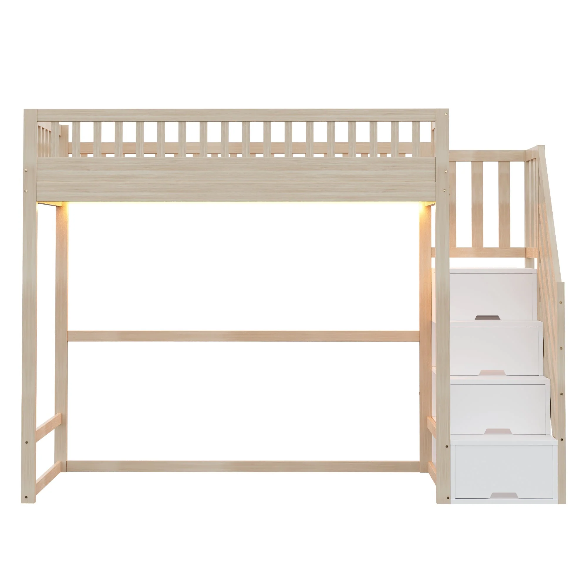 Loft Bed with Safety Railing, LED Light Strip and Interchangeable Ladder, 90x200cm, Natural Pine Wood - Image 9