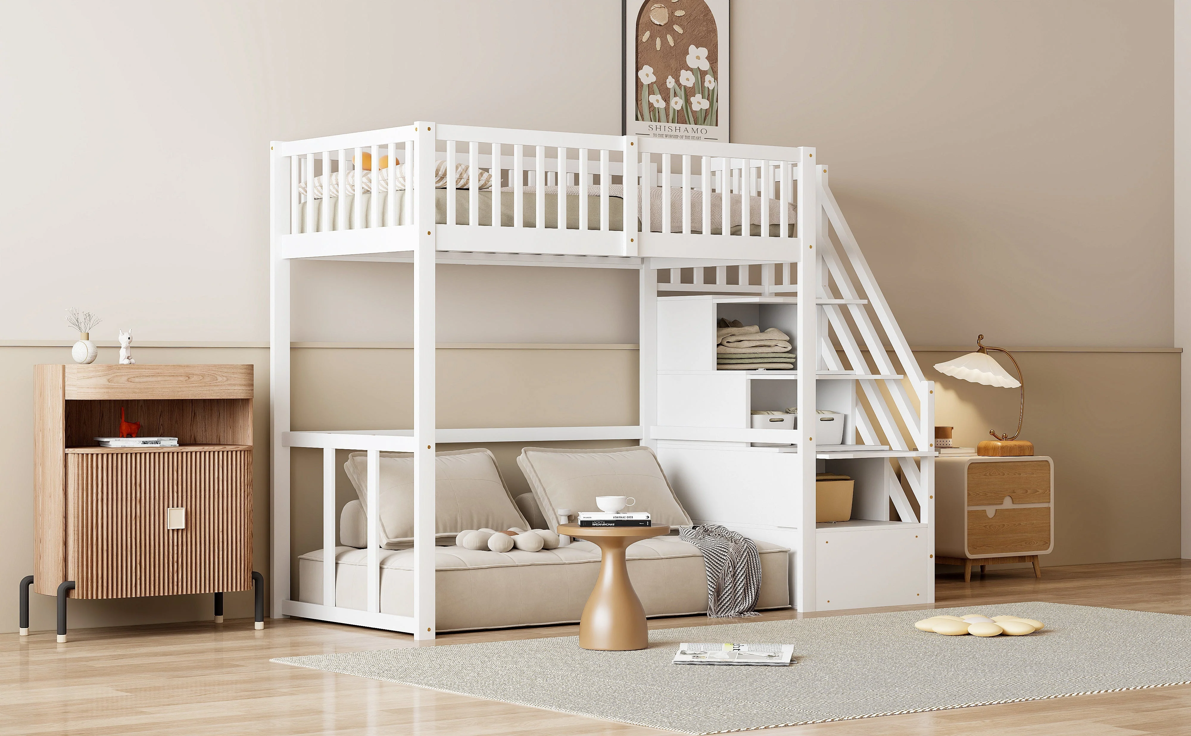 Loft Bed with Safety Storage Ladder, 90x200cm, White Solid Pine Wood - Image 5