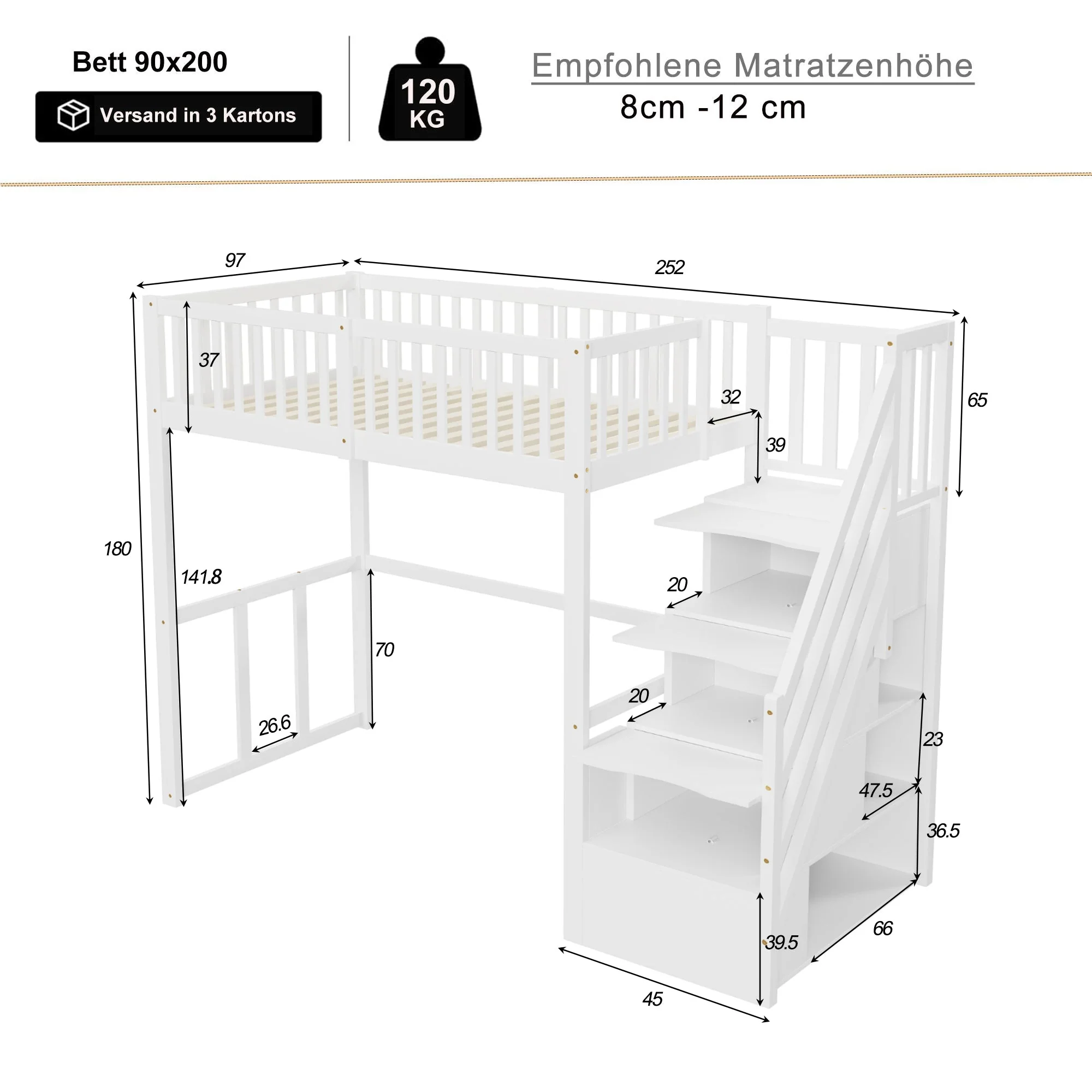 Loft Bed with Safety Storage Ladder, 90x200cm, White Solid Pine Wood - Image 8