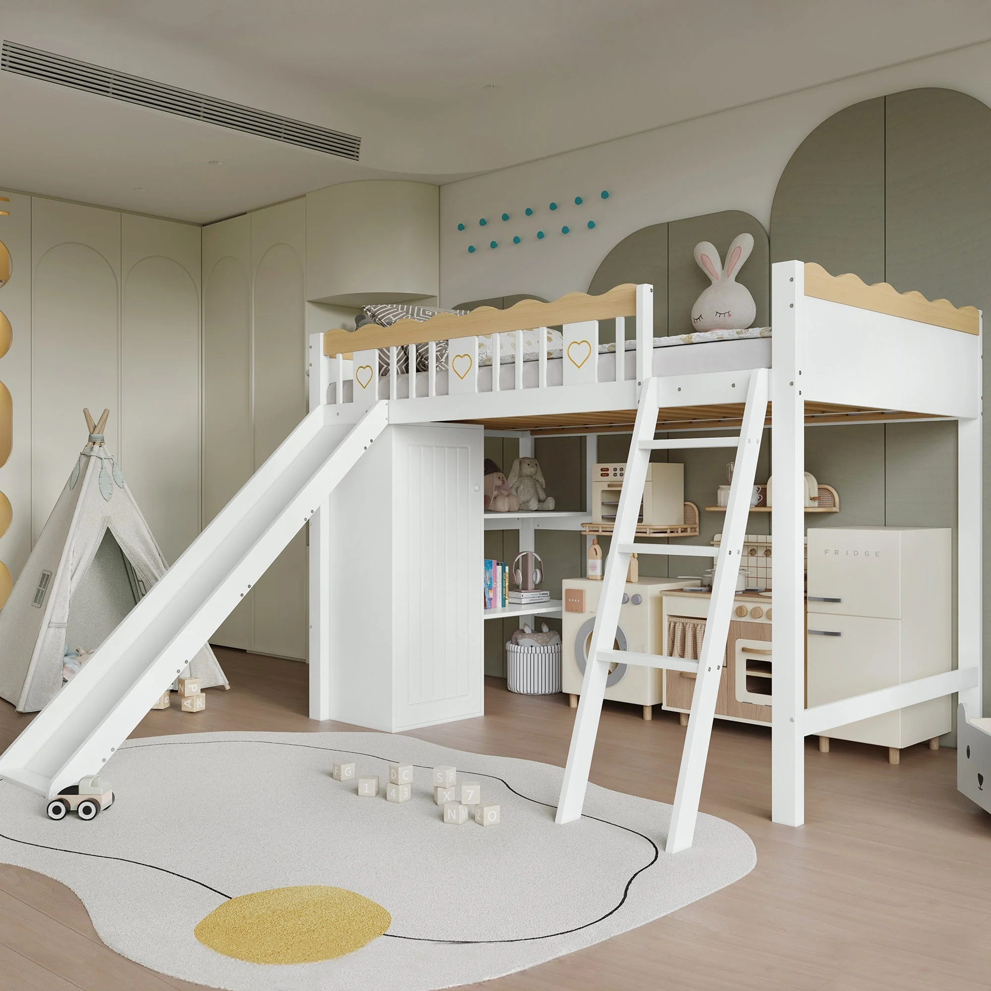 Loft Bed with Slide & Storage, Pine + MDF + Plywood, White + Natural - Image 4