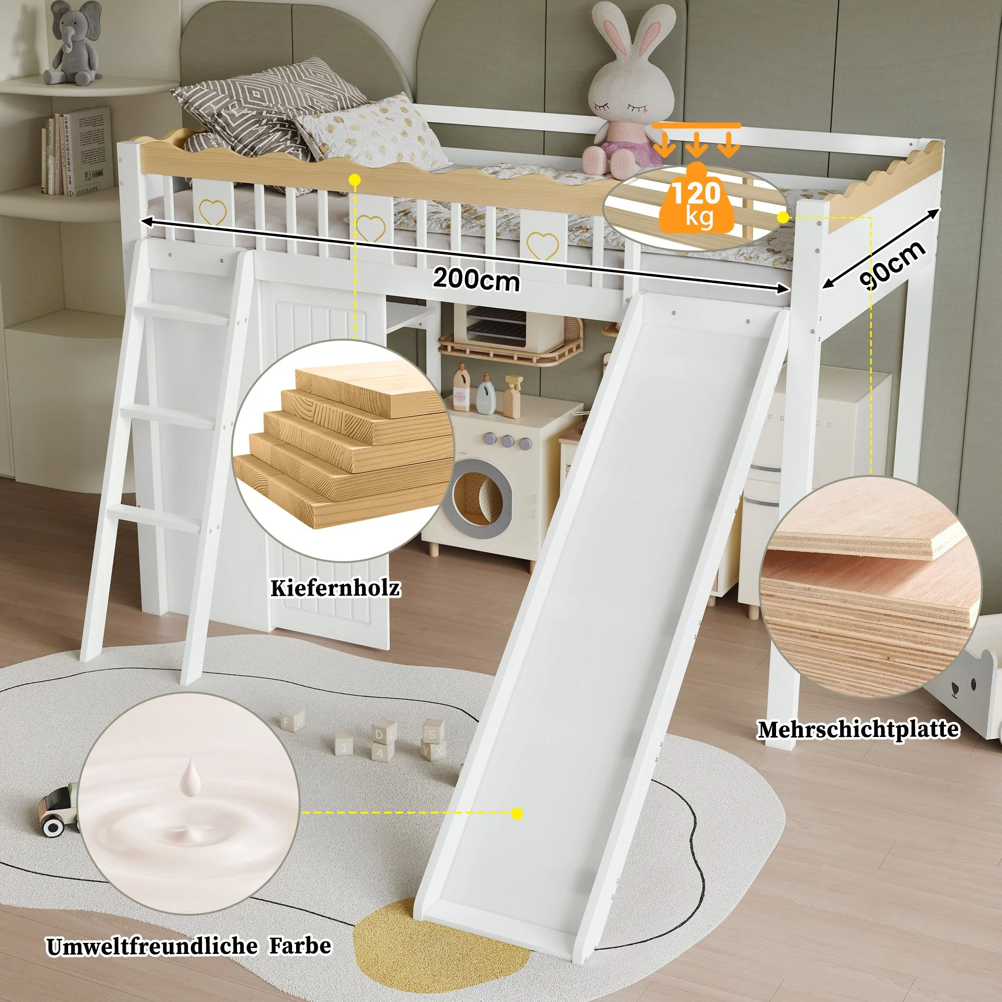 Loft Bed with Slide & Storage, Pine + MDF + Plywood, White + Natural - Image 7