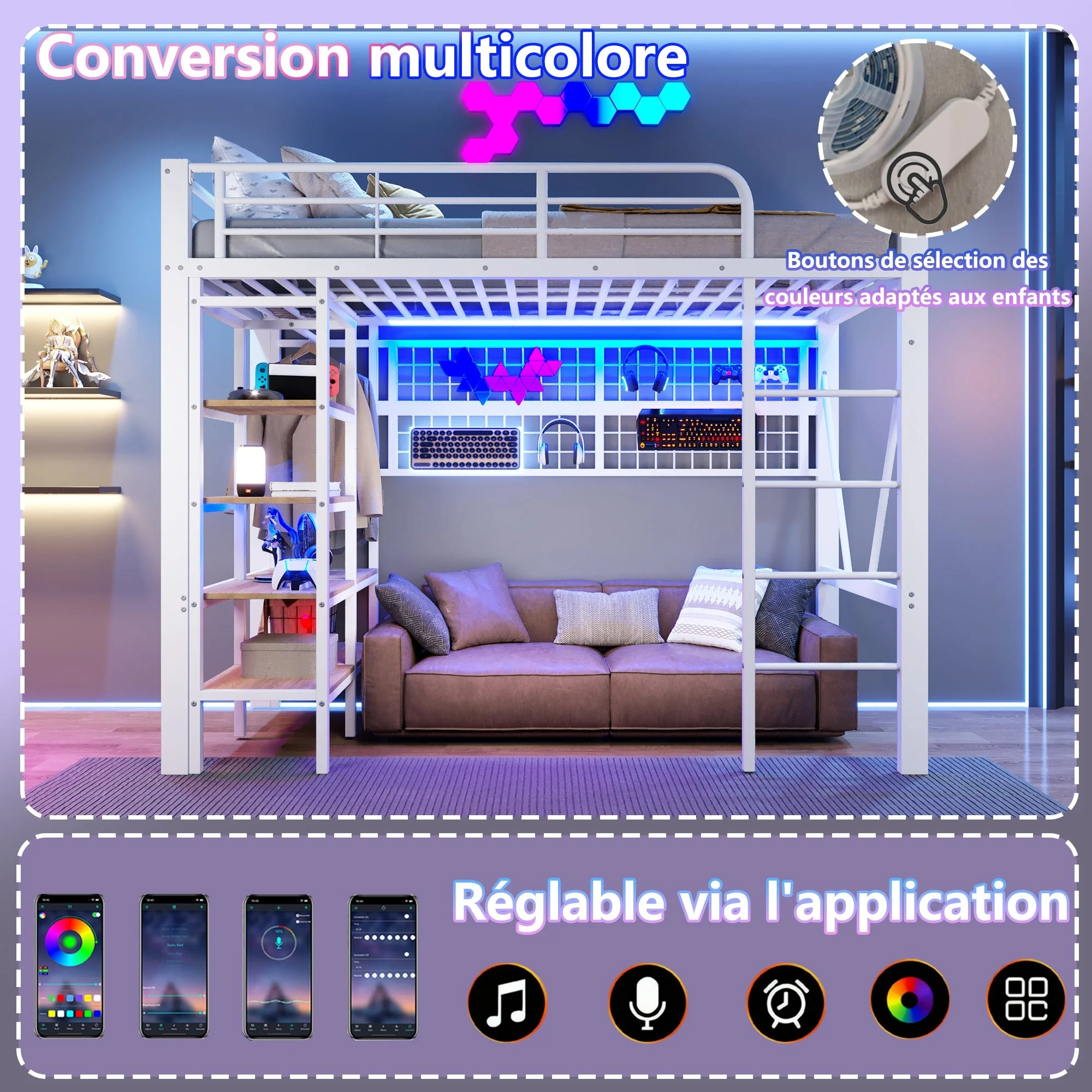 Loft Bed with Storage Compartment, LED Light Strip and Clothes Rail, White Iron Frame - Image 3