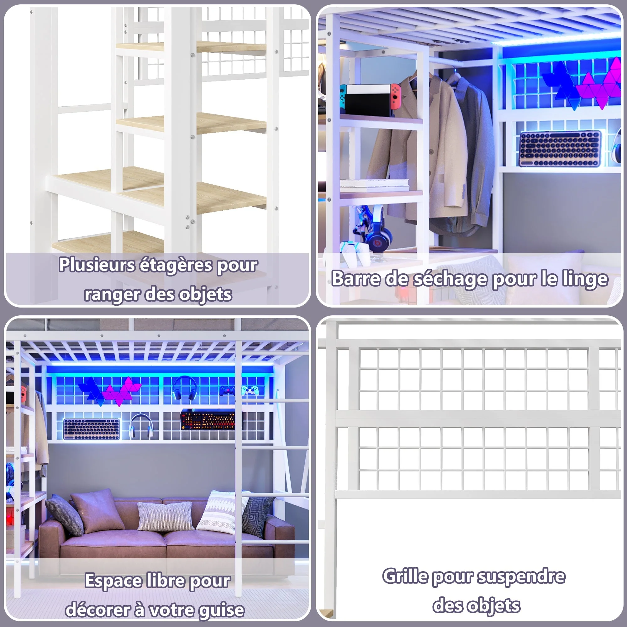 Loft Bed with Storage Compartment, LED Light Strip and Clothes Rail, White Iron Frame - Image 5