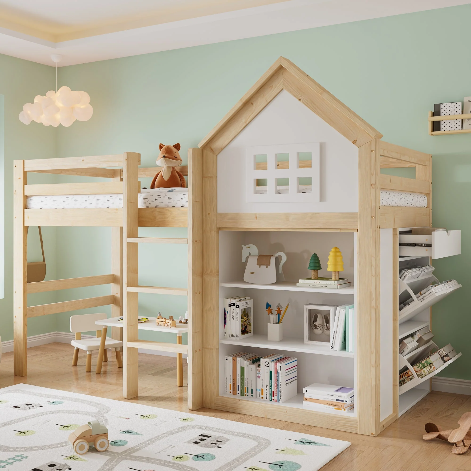 Loft Bed with Storage Compartments, Drawers, Steps and Safety Railing, 90x200cm, White and Natural Pine + MDF + Plywood - Image 3