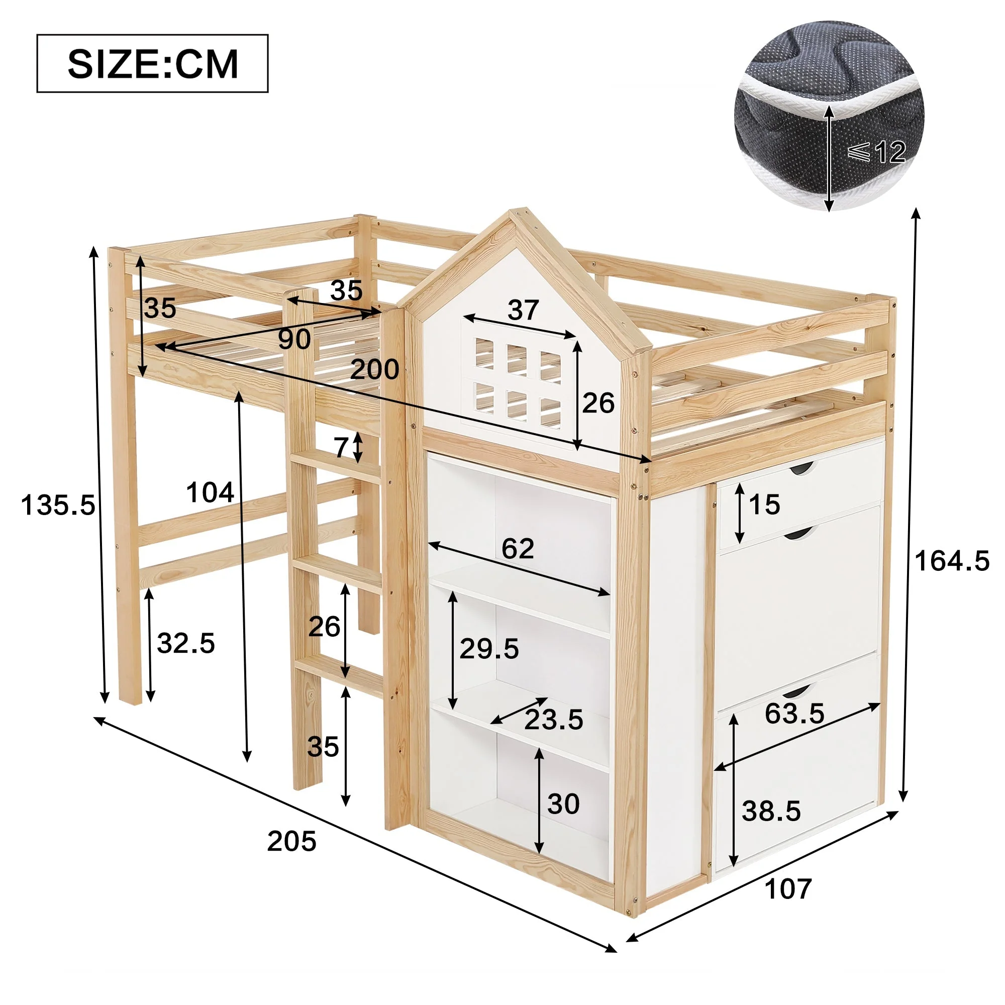 Loft Bed with Storage Compartments, Drawers, Steps and Safety Railing, 90x200cm, White and Natural Pine + MDF + Plywood - Image 5