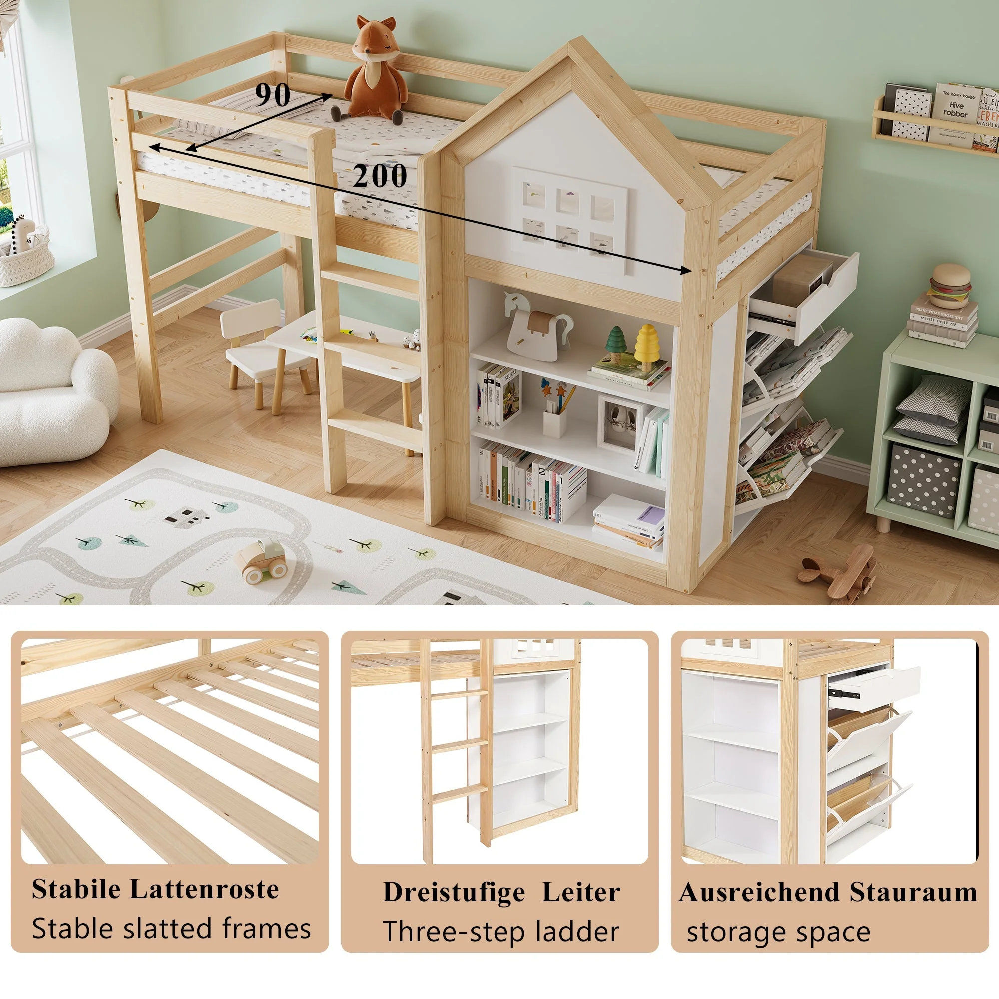 Loft Bed with Storage Compartments, Drawers, Steps and Safety Railing, 90x200cm, White and Natural Pine + MDF + Plywood - Image 7