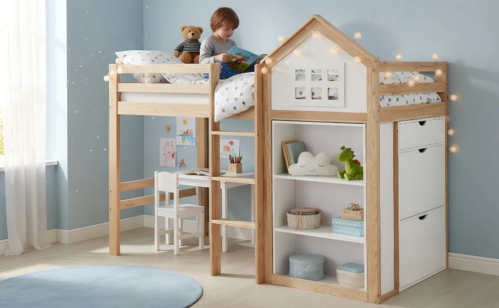 Loft Bed with Storage Compartments, Drawers, Steps and Safety Railing, 90x200cm, White and Natural Pine + MDF + Plywood - Image 9