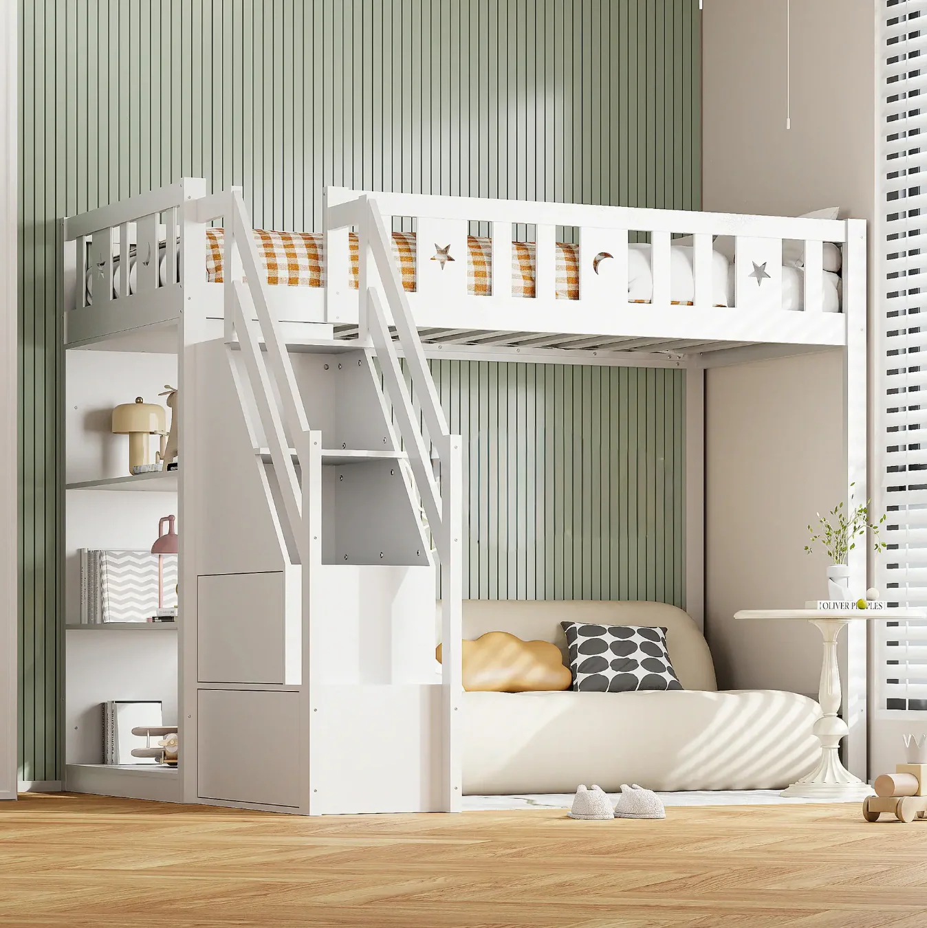 Loft Bed with Storage Ladder & Shelves, Single Wooden, Solid Wood Frame, White