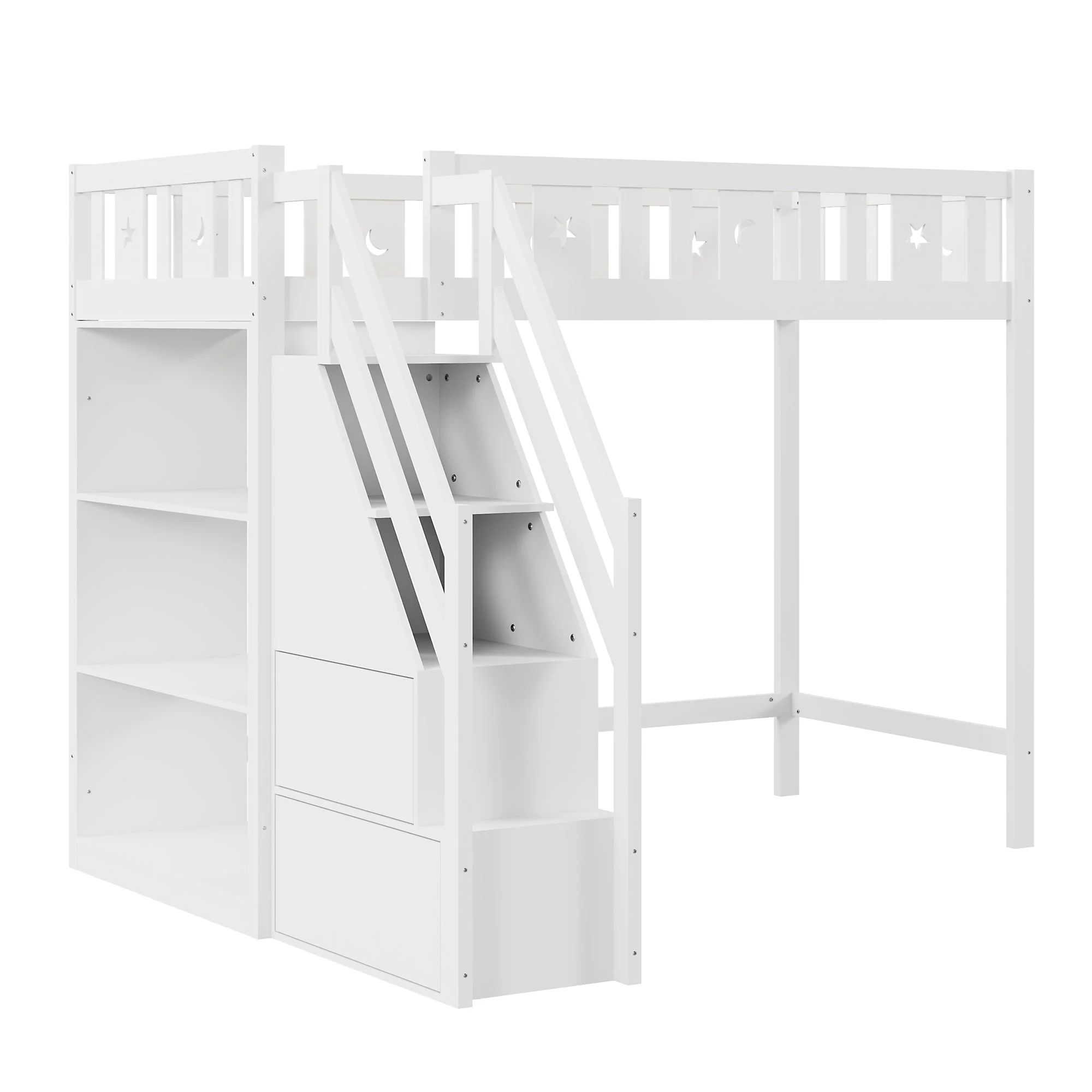 Loft Bed with Storage Ladder & Shelves, Single Wooden, Solid Wood Frame, White - Image 5