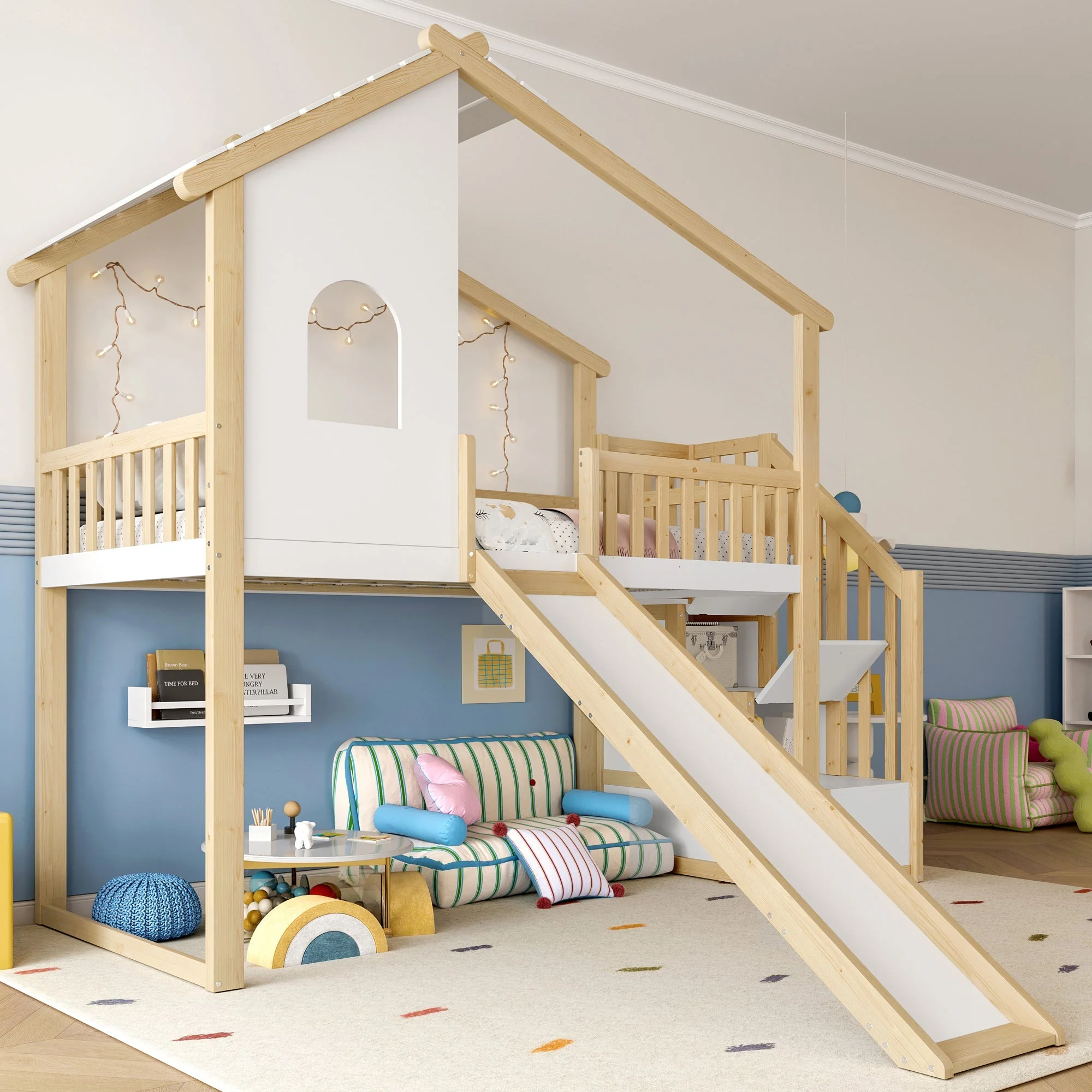 Loft Bed with Storage Ladder, Slide and Window, Natural and White - Image 3