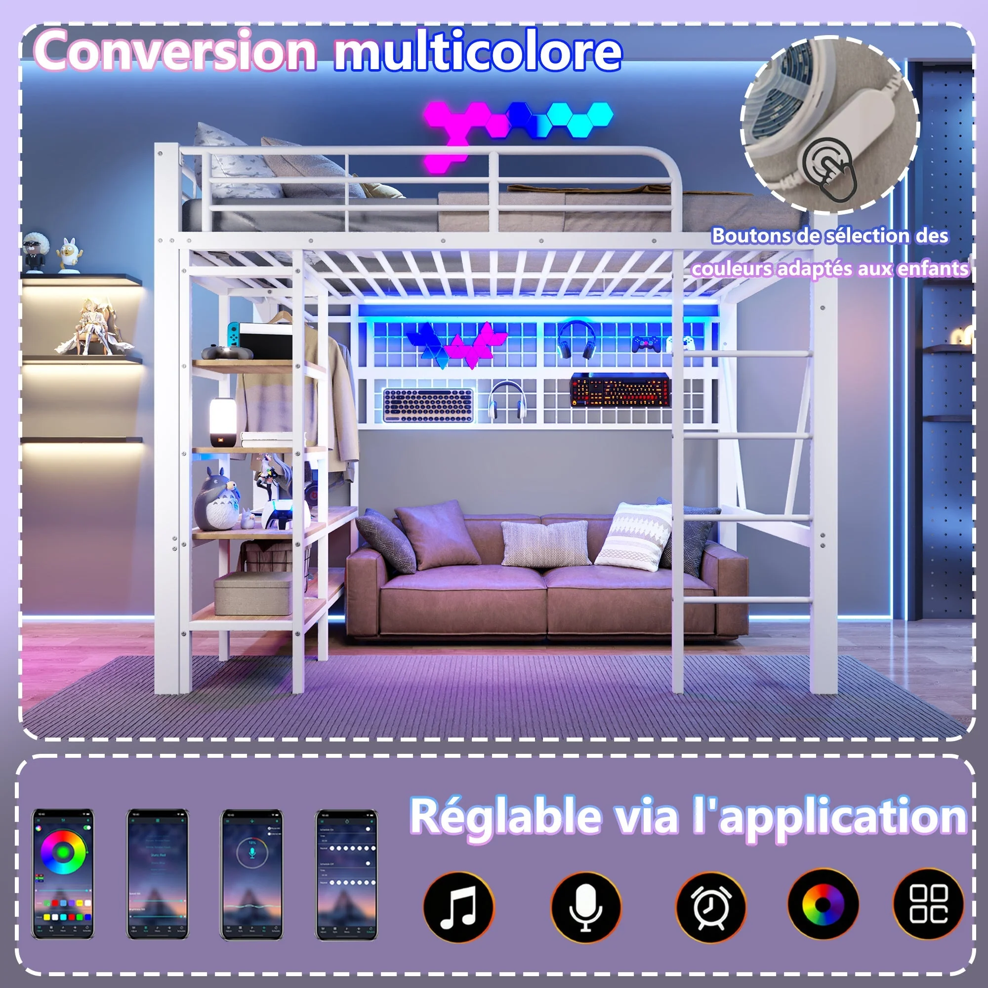 Loft Bed with Storage, LED Light and Clothes Rail, 140 x 200 cm, White Iron Frame - Image 2