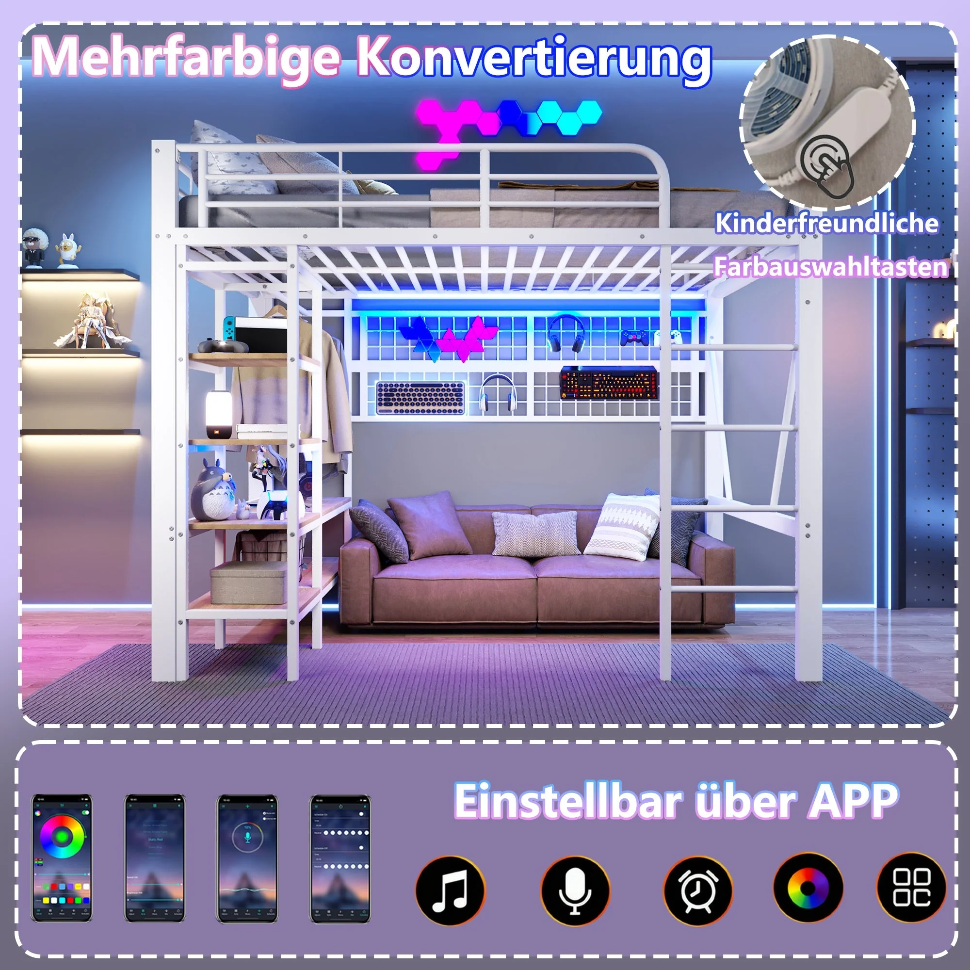 Loft Bed with Storage, LED Light and Clothes Rail, 140 x 200 cm, White Iron Frame - Image 3