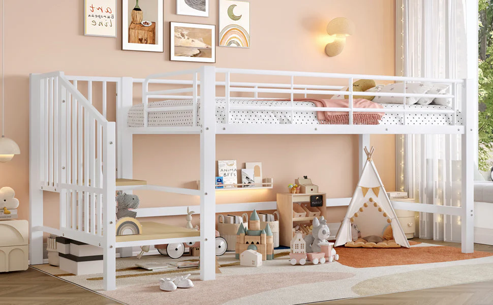 Loft Bed with Storage Stairs, 90 x 200 Semi-High, White - Image 9