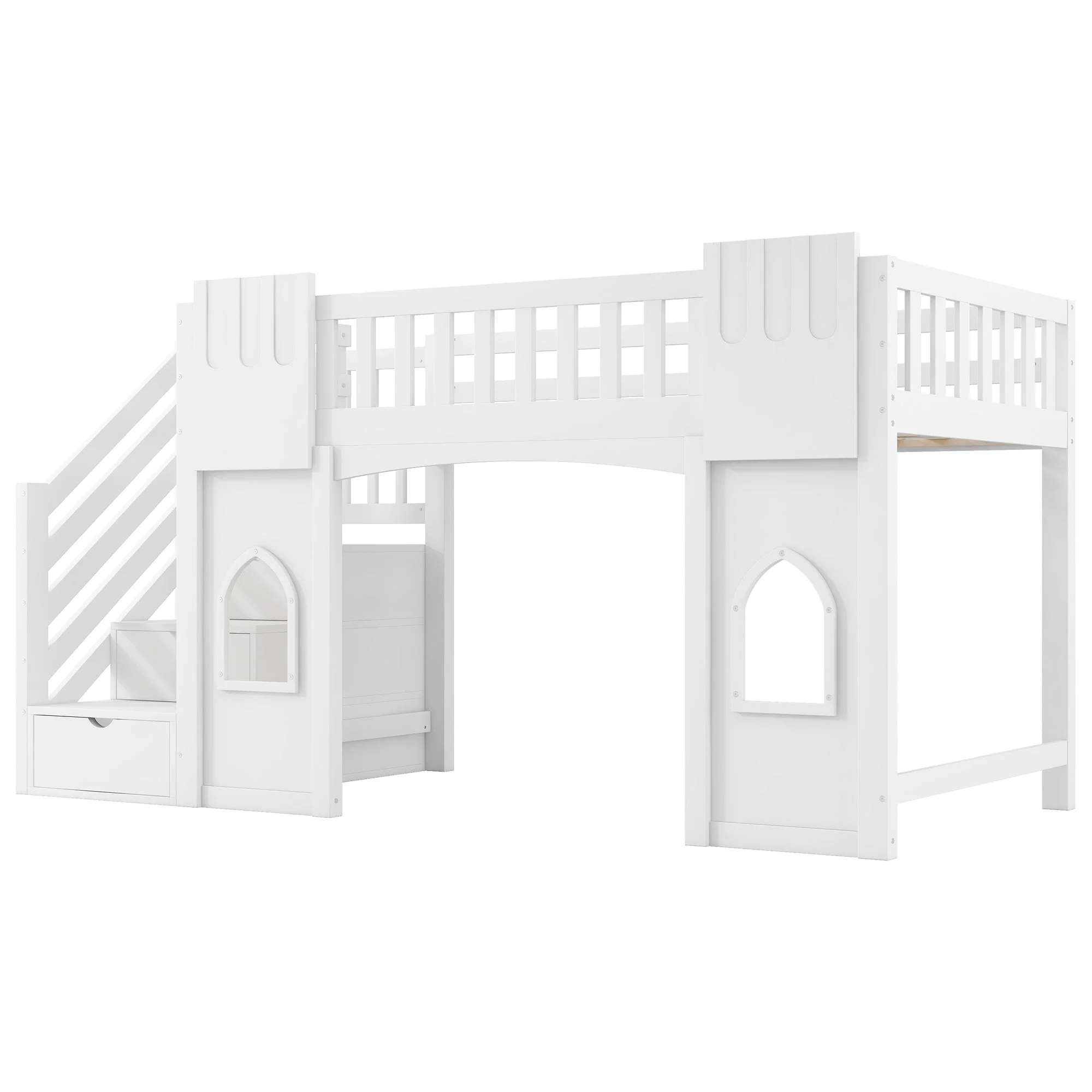 Loft Bed with Storage Stairs and Window, 90x200cm, White Pine Wood + MDF - Image 16