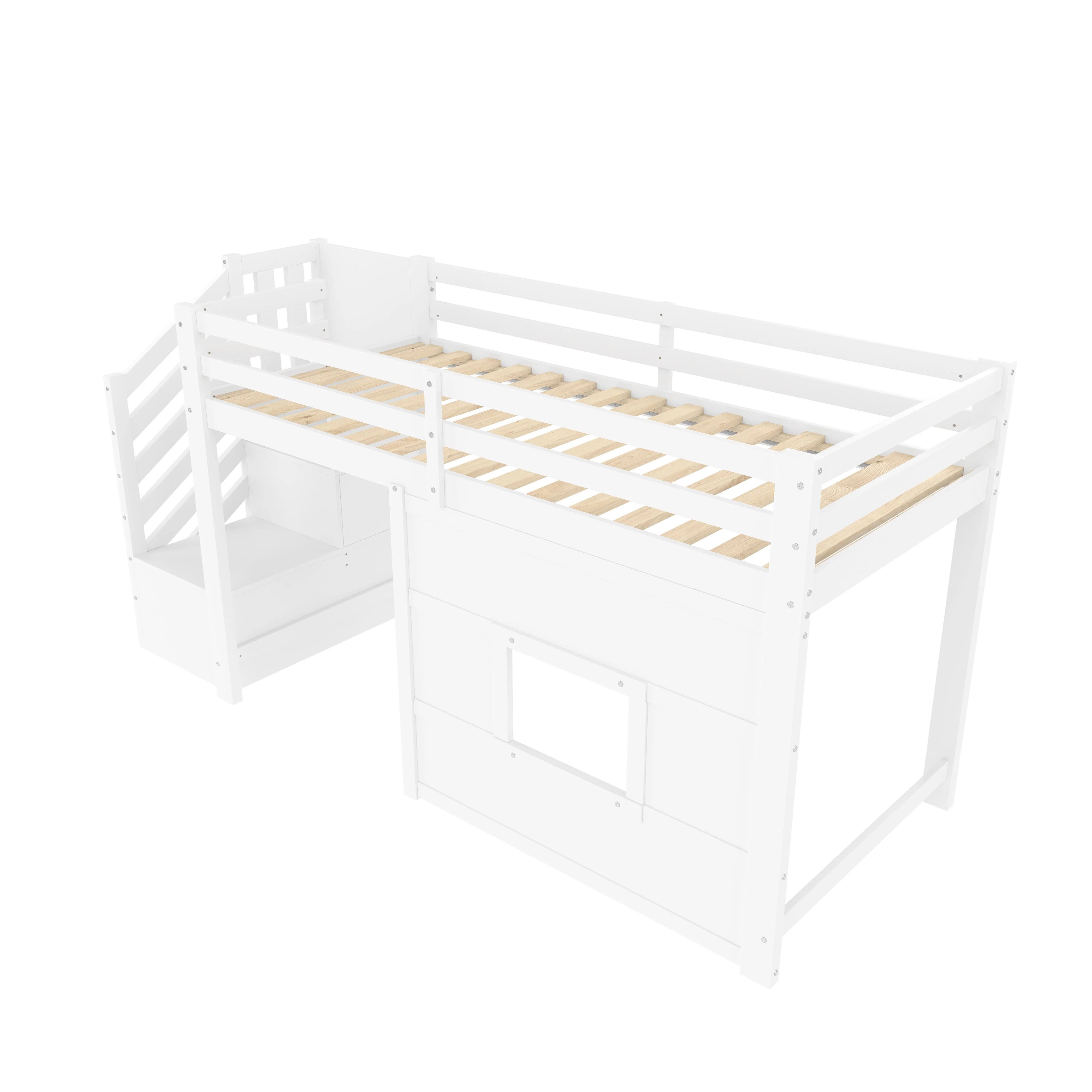 Loft Bed with Storage Stairs and Window, 90x200cm, White Pine Wood + MDF - Image 6