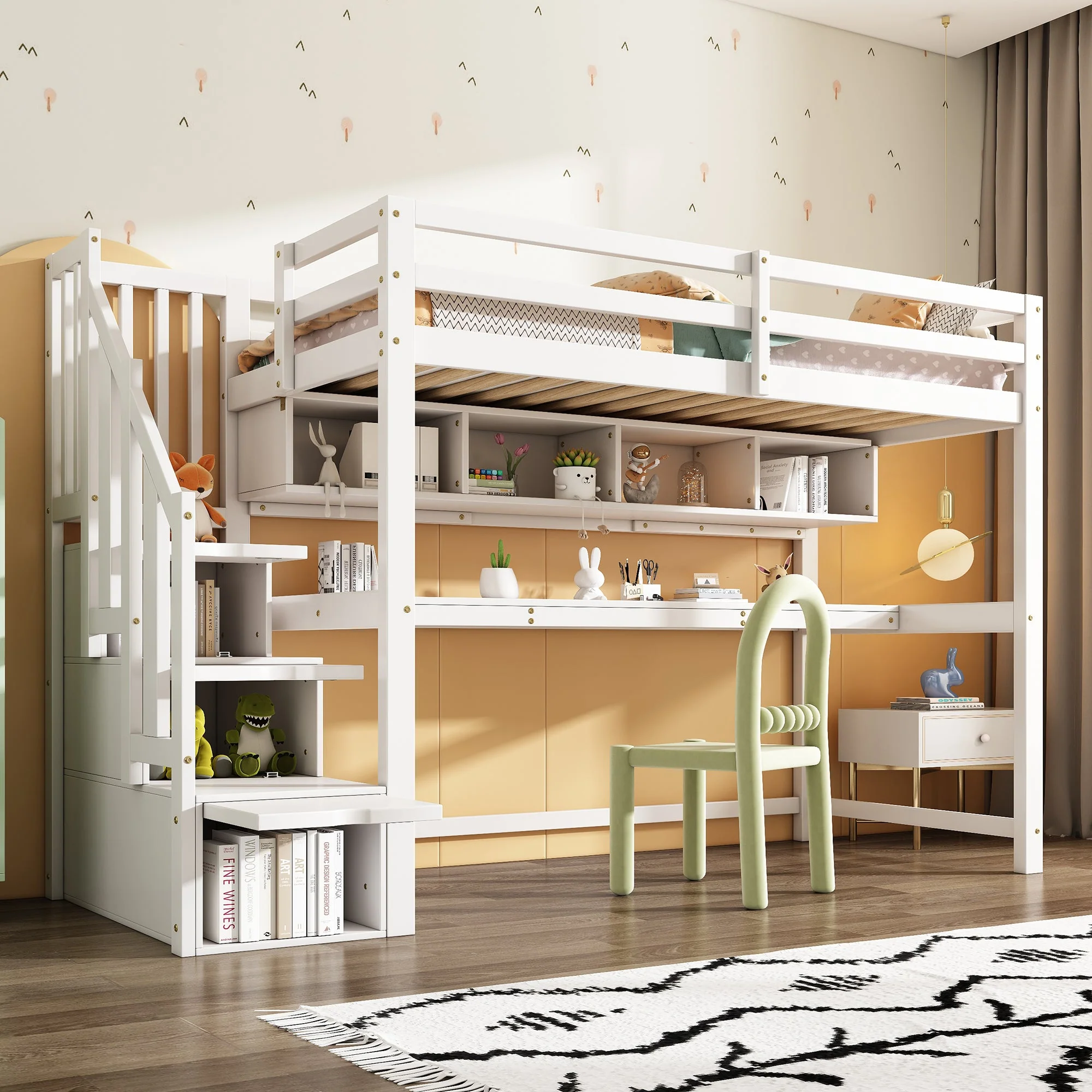 Loft Bed with Storage Stairs, Desk and Shelves, 90x200cm, White Solid Wood + MDF - Image 3