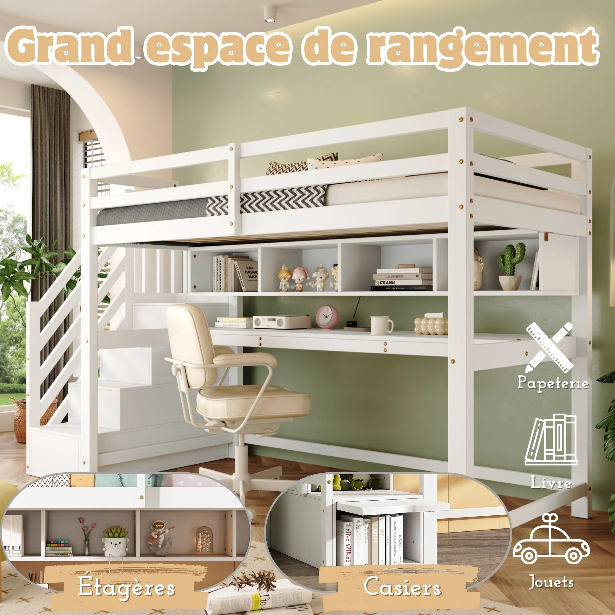 Loft Bed with Storage Stairs, Desk and Shelves, 90x200cm, White Solid Wood + MDF - Image 6
