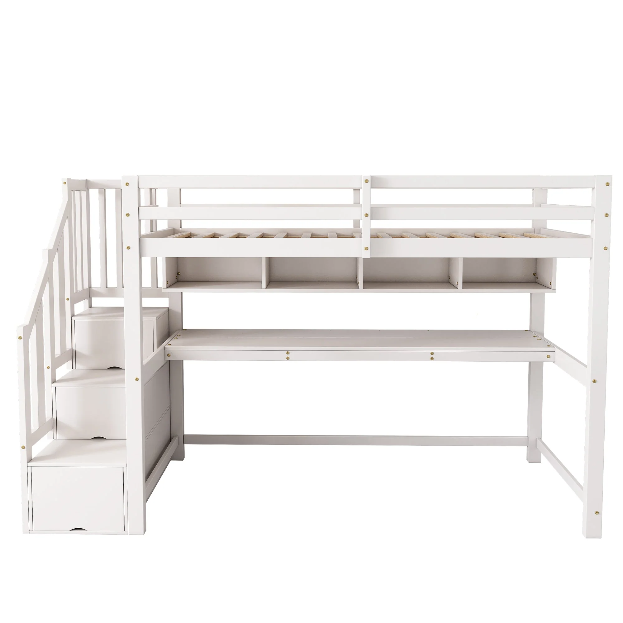 Loft Bed with Storage Stairs, Desk and Shelves, 90x200cm, White Solid Wood + MDF - Image 8