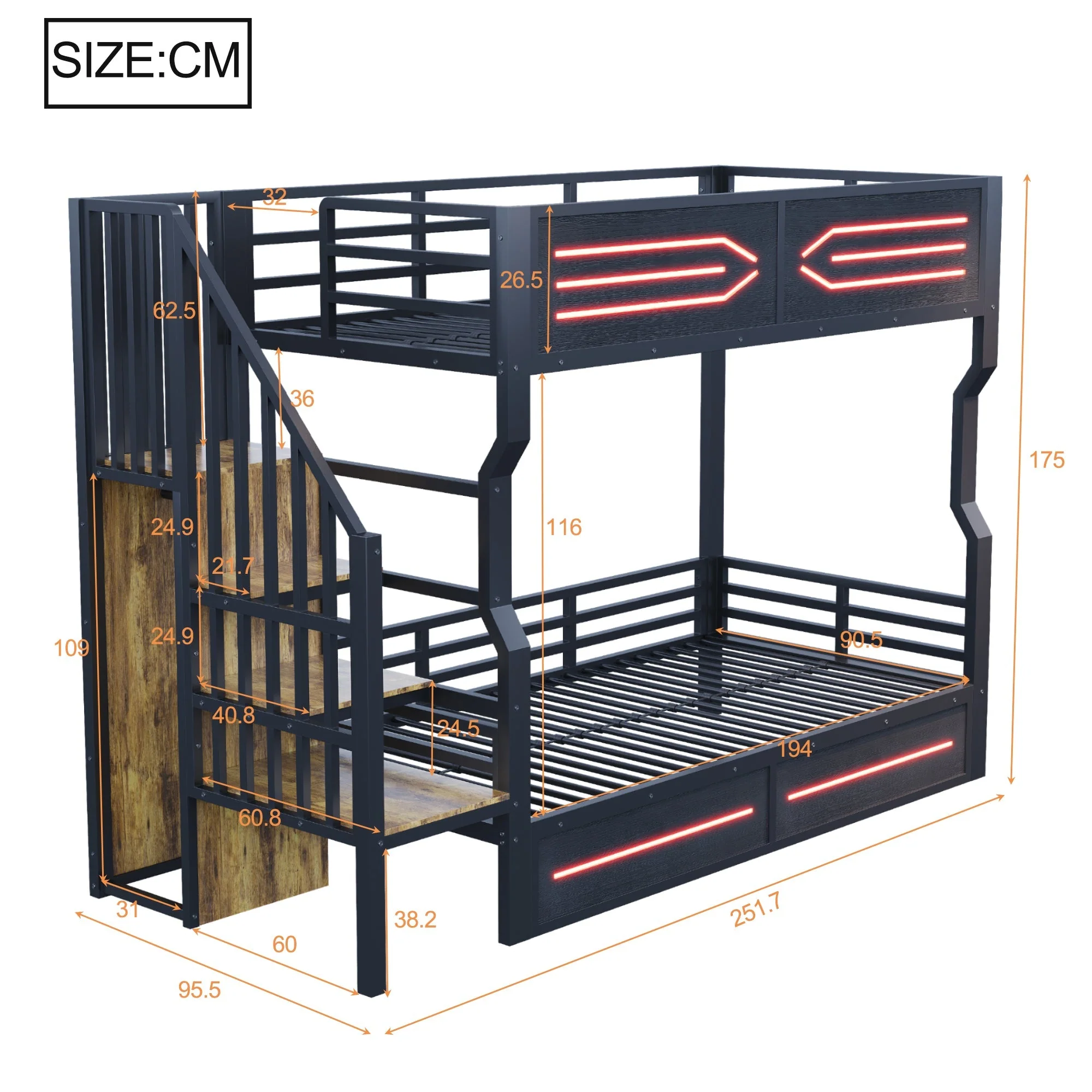 Loft Bed with Storage Stairs, LED Lighting and High Railing, 90x200cm, Black Iron - Image 4