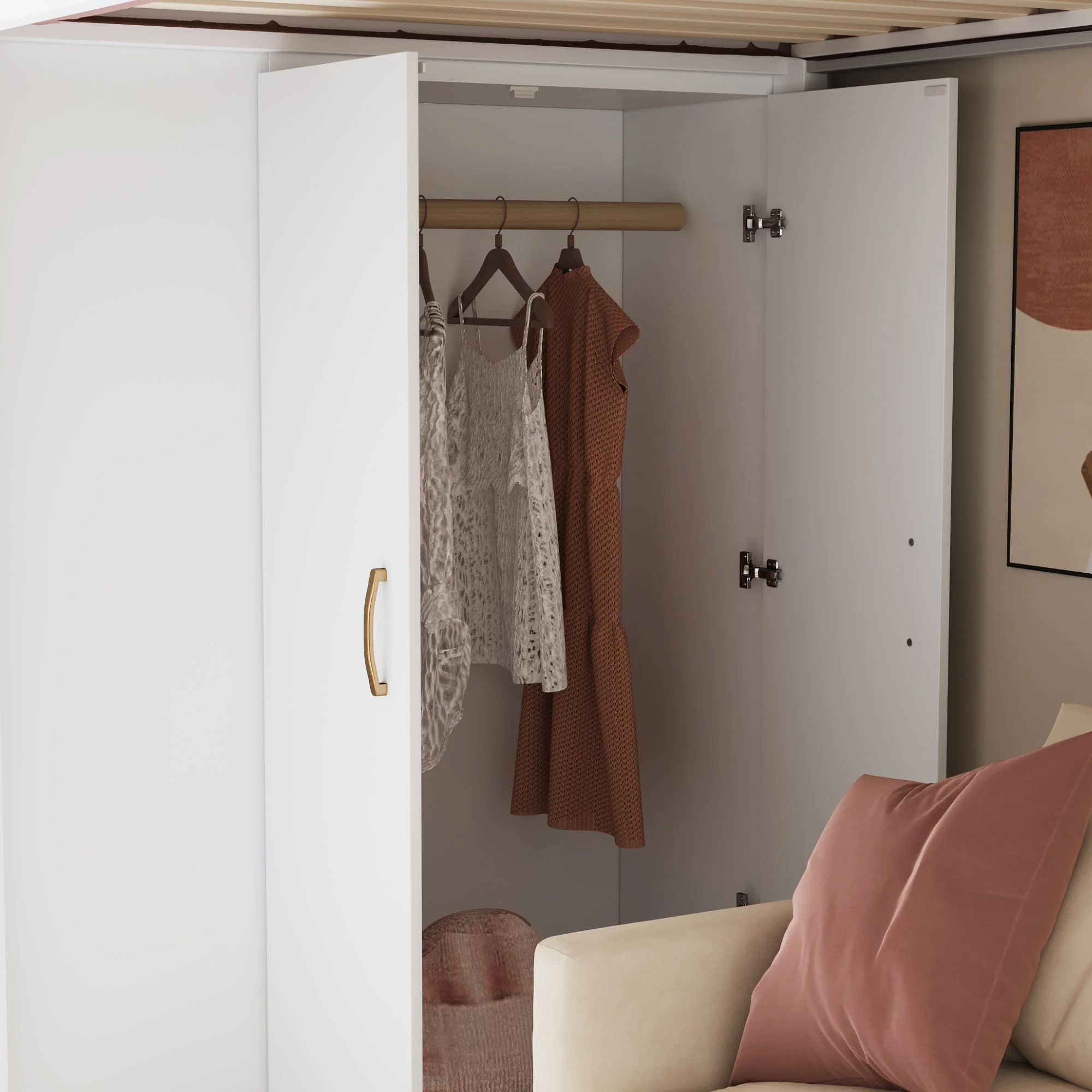 Loft Bed with Storage Stairs, Shelves and Wardrobe, Solid Wood White and Wood Color - Image 8