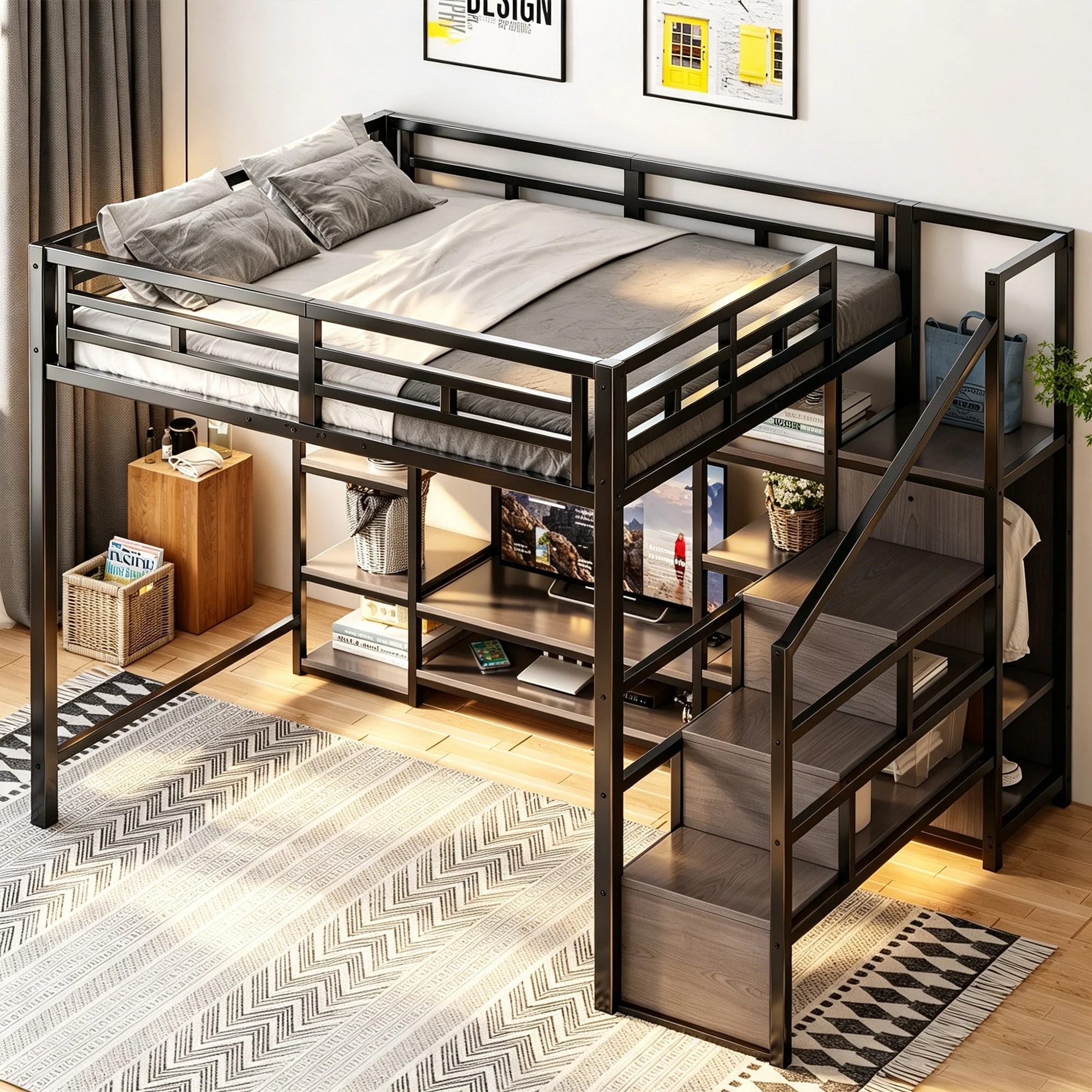 Loft Bed with TV Stand, Power Outlet and Safety Ladder, 140x200cm, Black Metal and Wood - Image 2