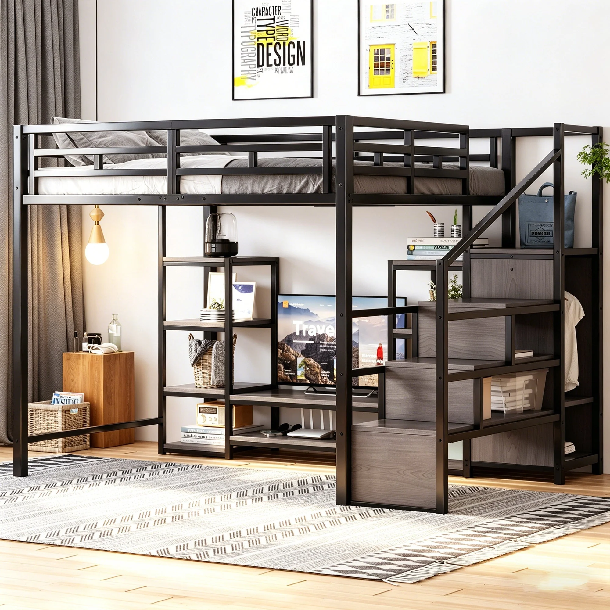 Loft Bed with TV Stand, Power Outlet and Safety Ladder, 140x200cm, Black Metal and Wood - Image 3