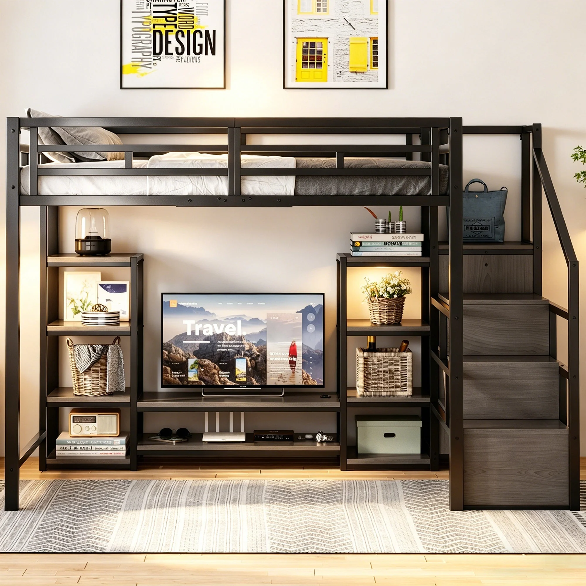 Loft Bed with TV Stand, Power Outlet and Safety Ladder, 140x200cm, Black Metal and Wood - Image 4