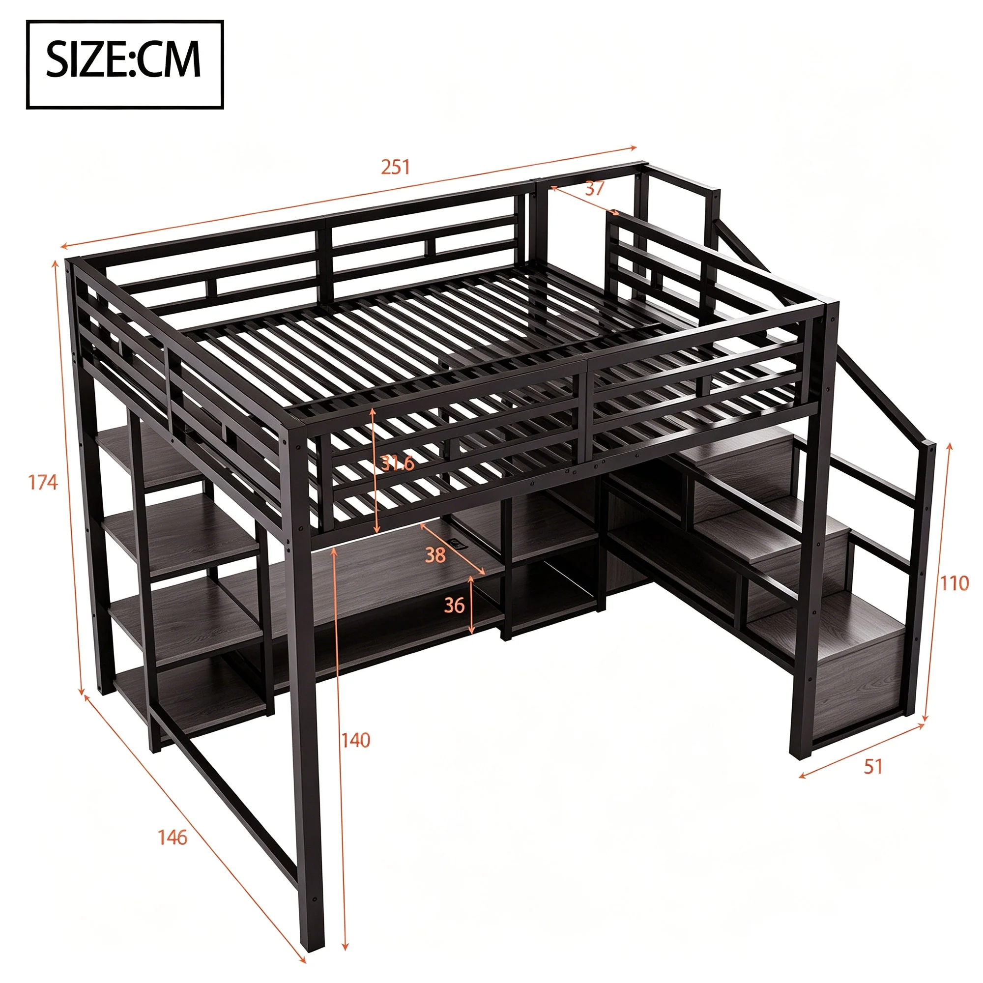 Loft Bed with TV Stand, Power Outlet and Safety Ladder, 140x200cm, Black Metal and Wood - Image 6