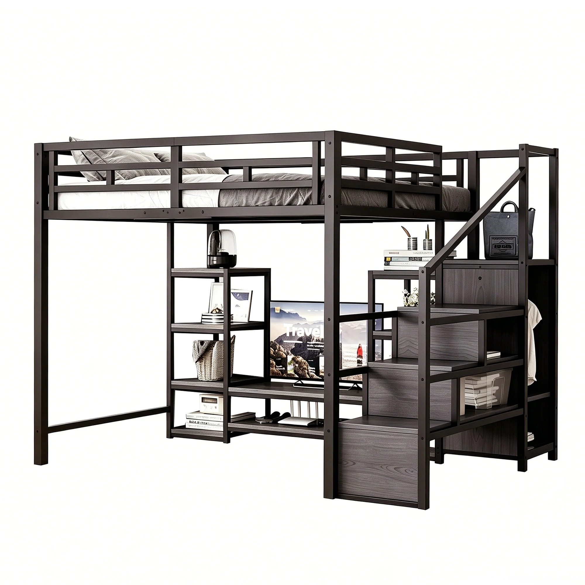 Loft Bed with TV Stand, Power Outlet and Safety Ladder, 140x200cm, Black Metal and Wood - Image 7