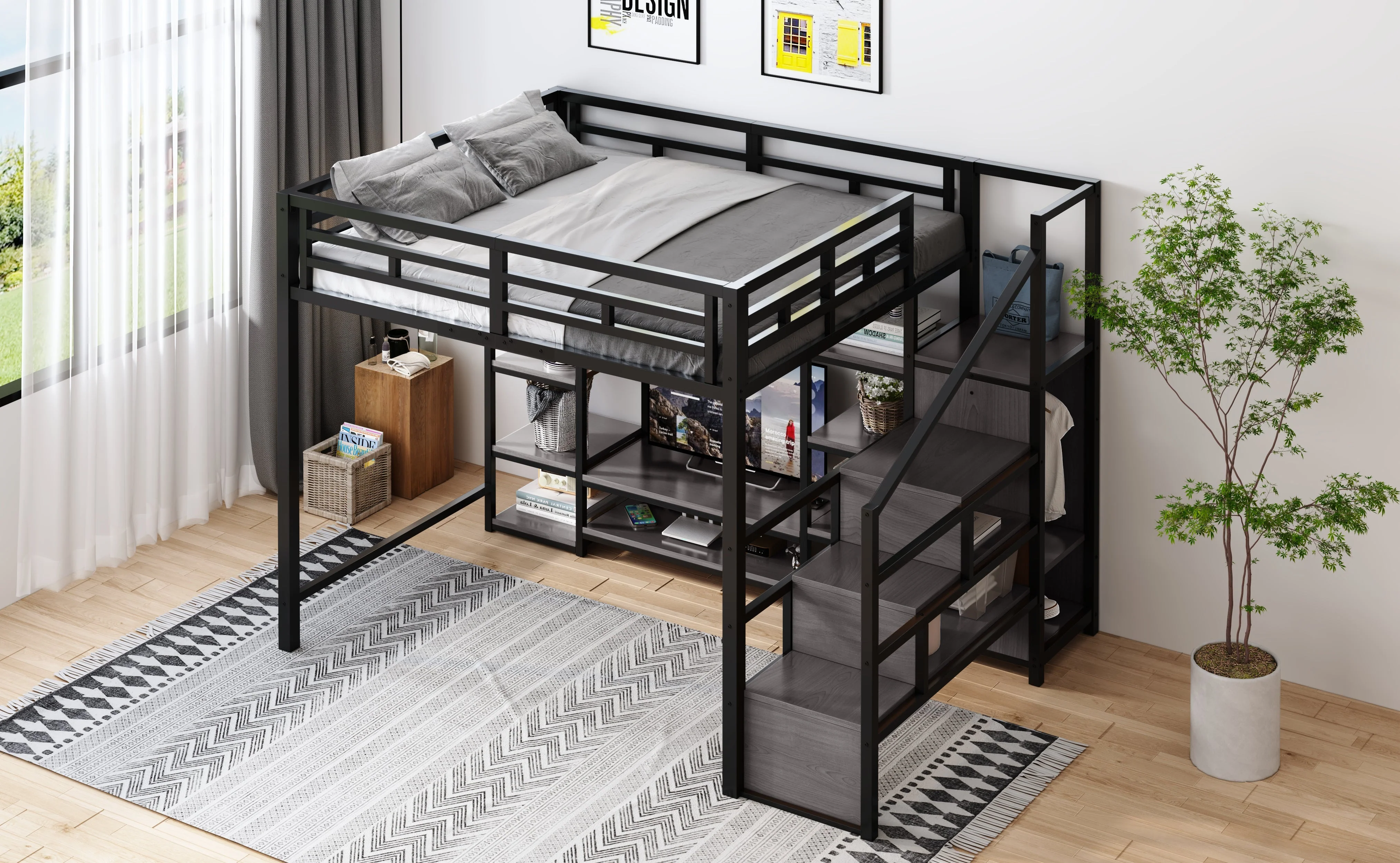 Loft Bed with TV Stand, Power Outlet and Safety Ladder, 140x200cm, Black Metal and Wood - Image 8