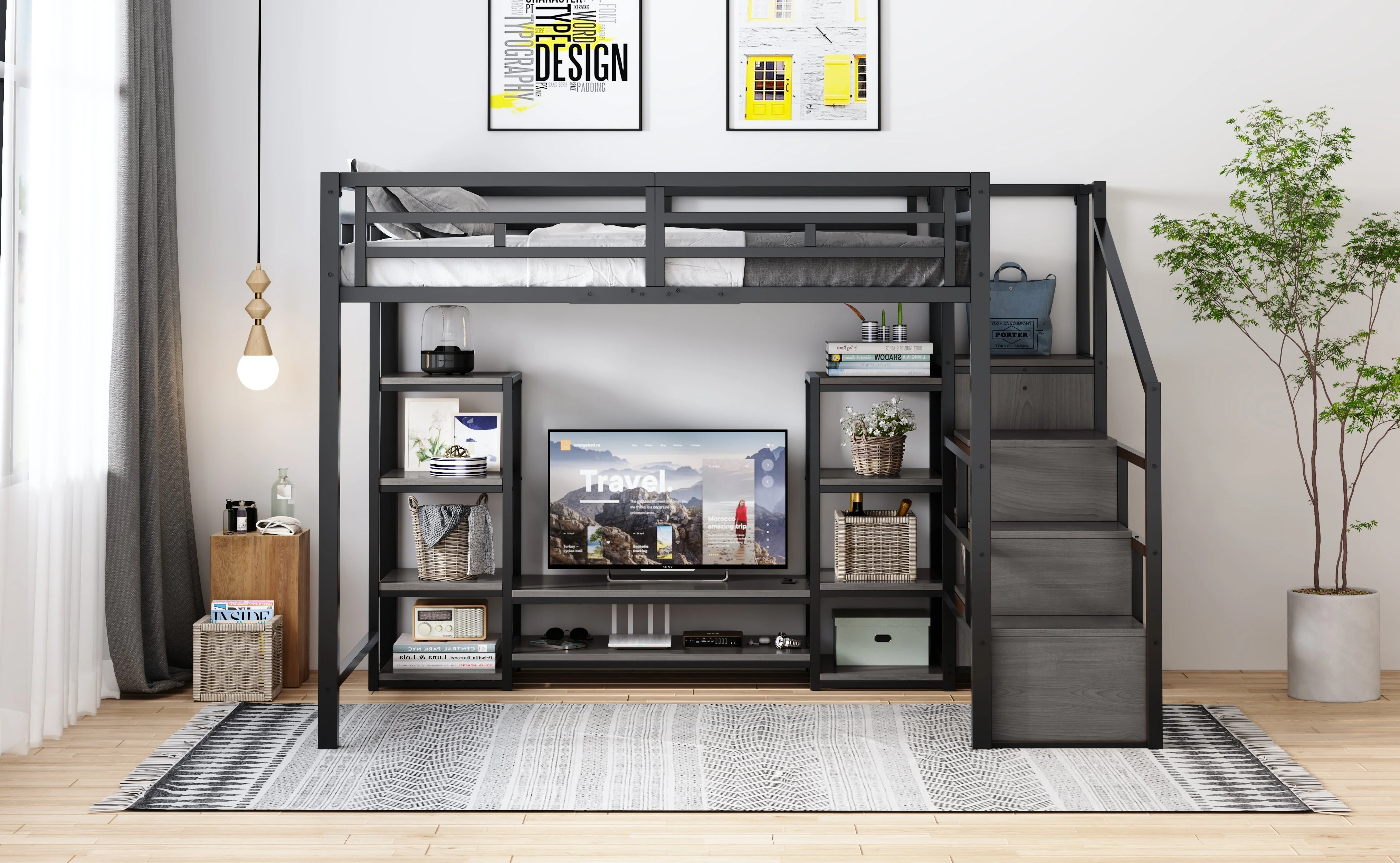 Loft Bed with TV Stand, Power Outlet and Safety Ladder, 140x200cm, Black Metal and Wood - Image 9