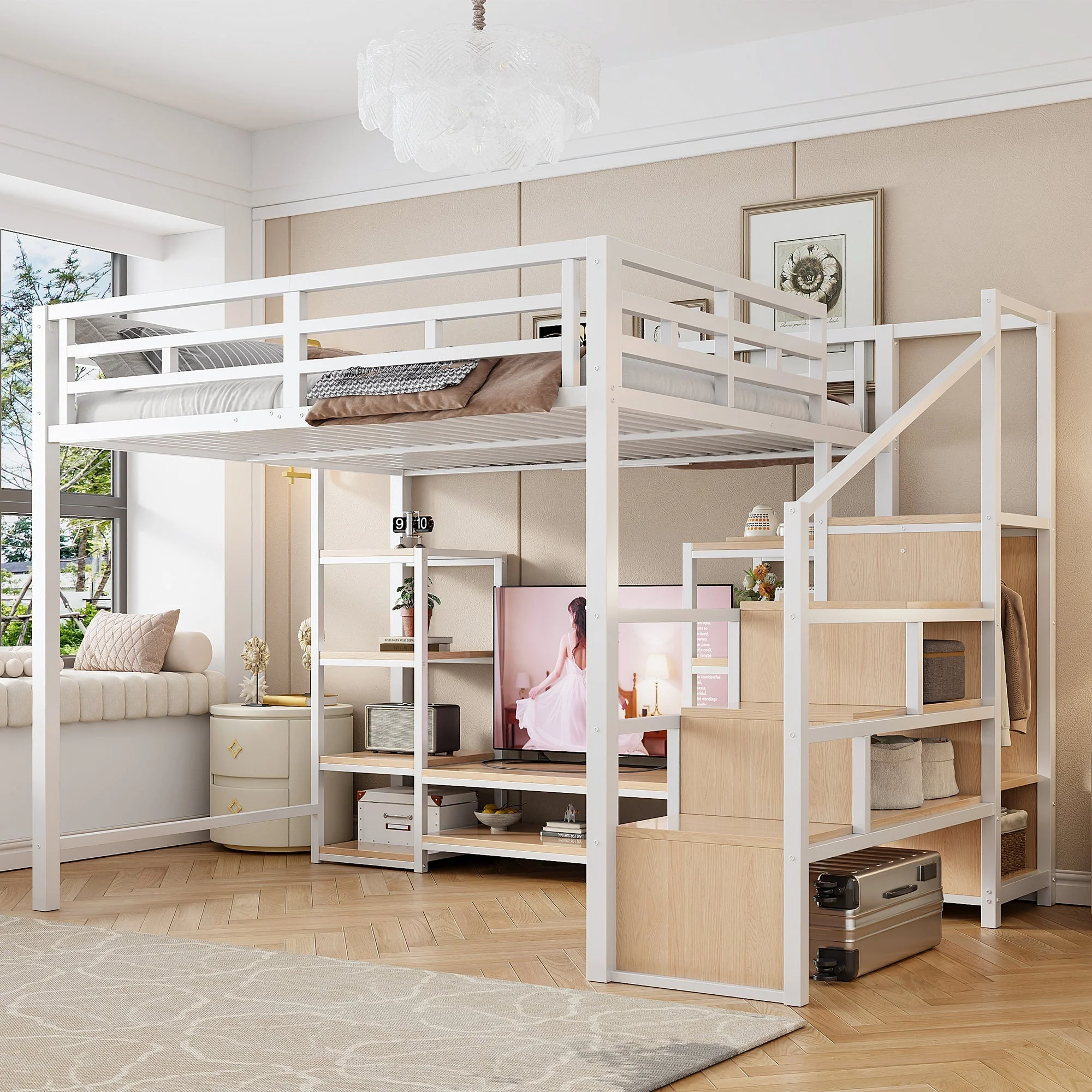 Loft Bed with TV Stand, Power Outlet and Safety Ladder, 140x200cm, White Metal and Wood