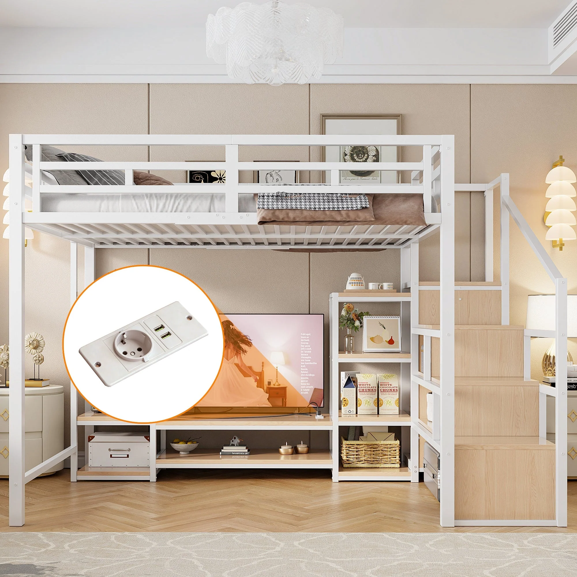 Loft Bed with TV Stand, Power Outlet and Safety Ladder, 140x200cm, White Metal and Wood - Image 3