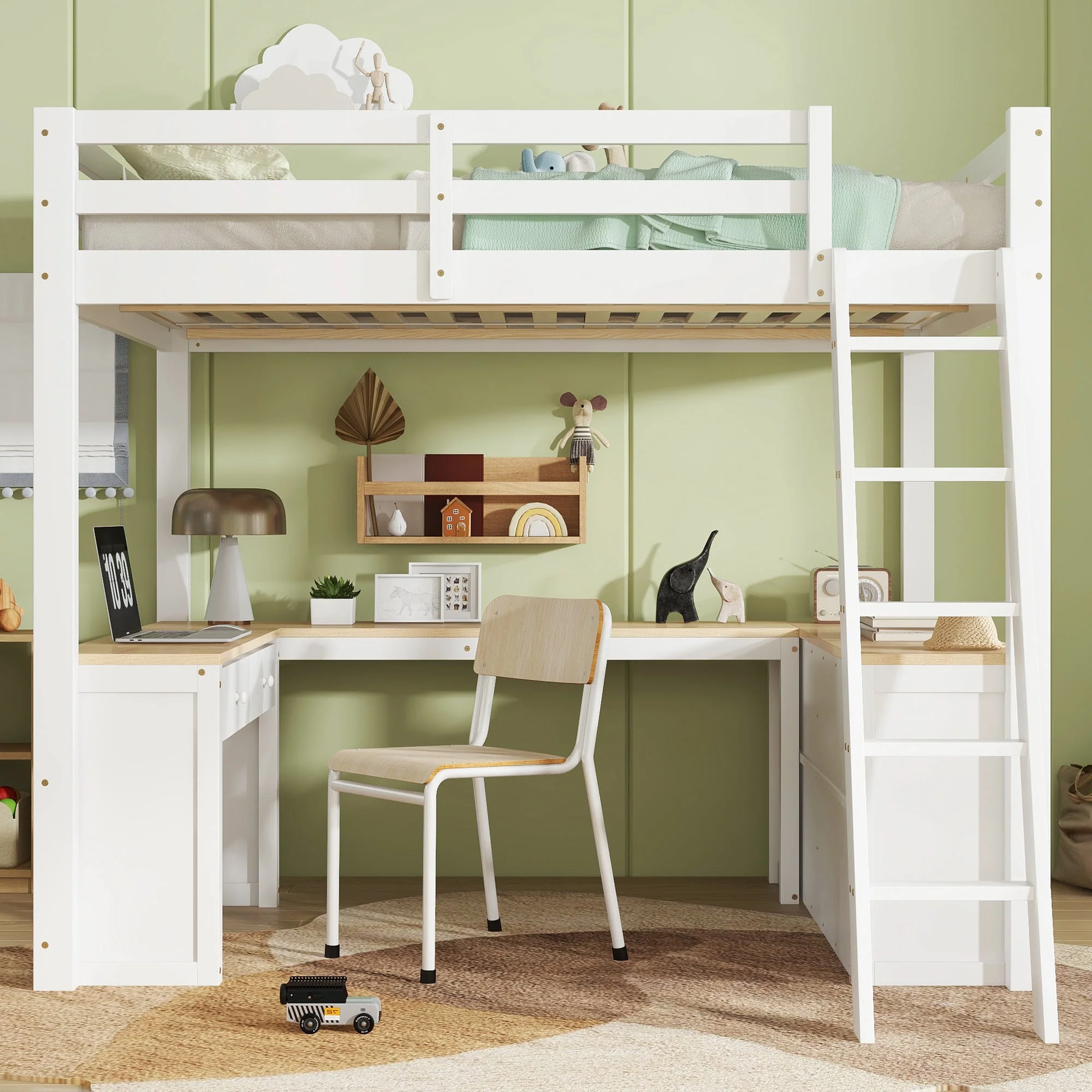 Loft Bed with U-Shaped Desk, 2 Drawers, Storage Shelf, 140x200cm, White + Natural Wood - Image 5