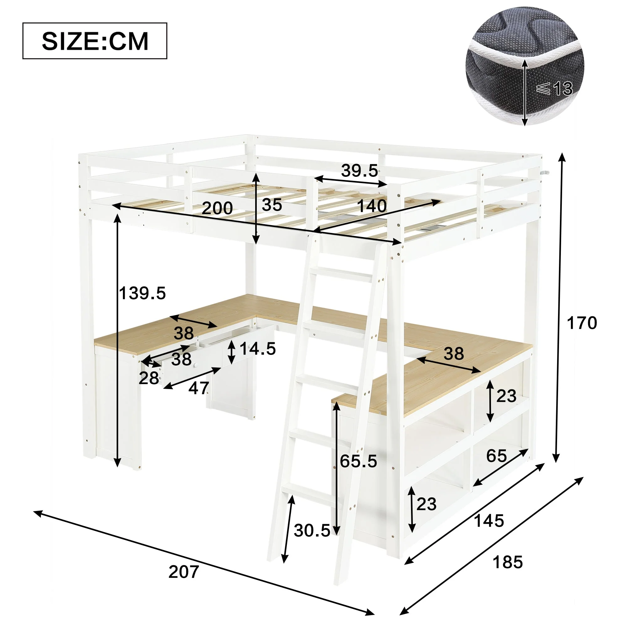 Loft Bed with U-Shaped Desk, 2 Drawers, Storage Shelf, 140x200cm, White + Natural Wood - Image 7