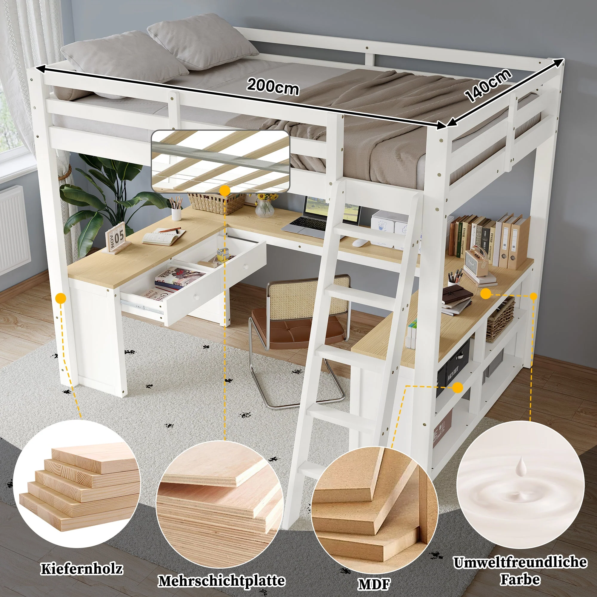 Loft Bed with U-Shaped Desk, 2 Drawers, Storage Shelf, 140x200cm, White + Natural Wood - Image 9