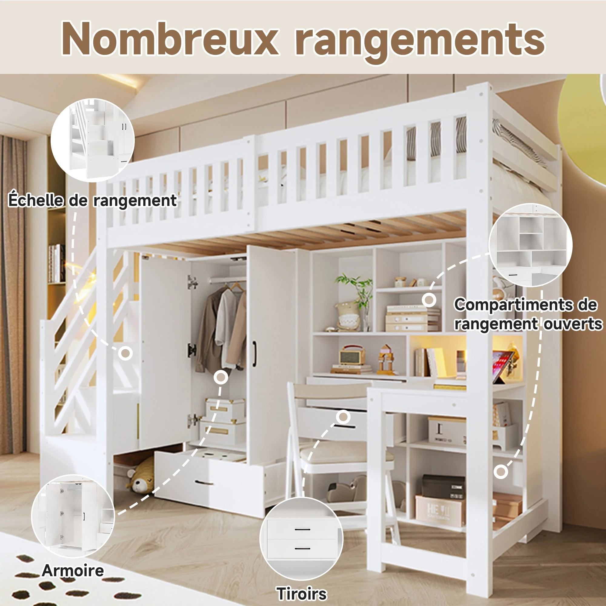Loft Bed with Wardrobe, Desk and Storage Ladder, White - Image 7